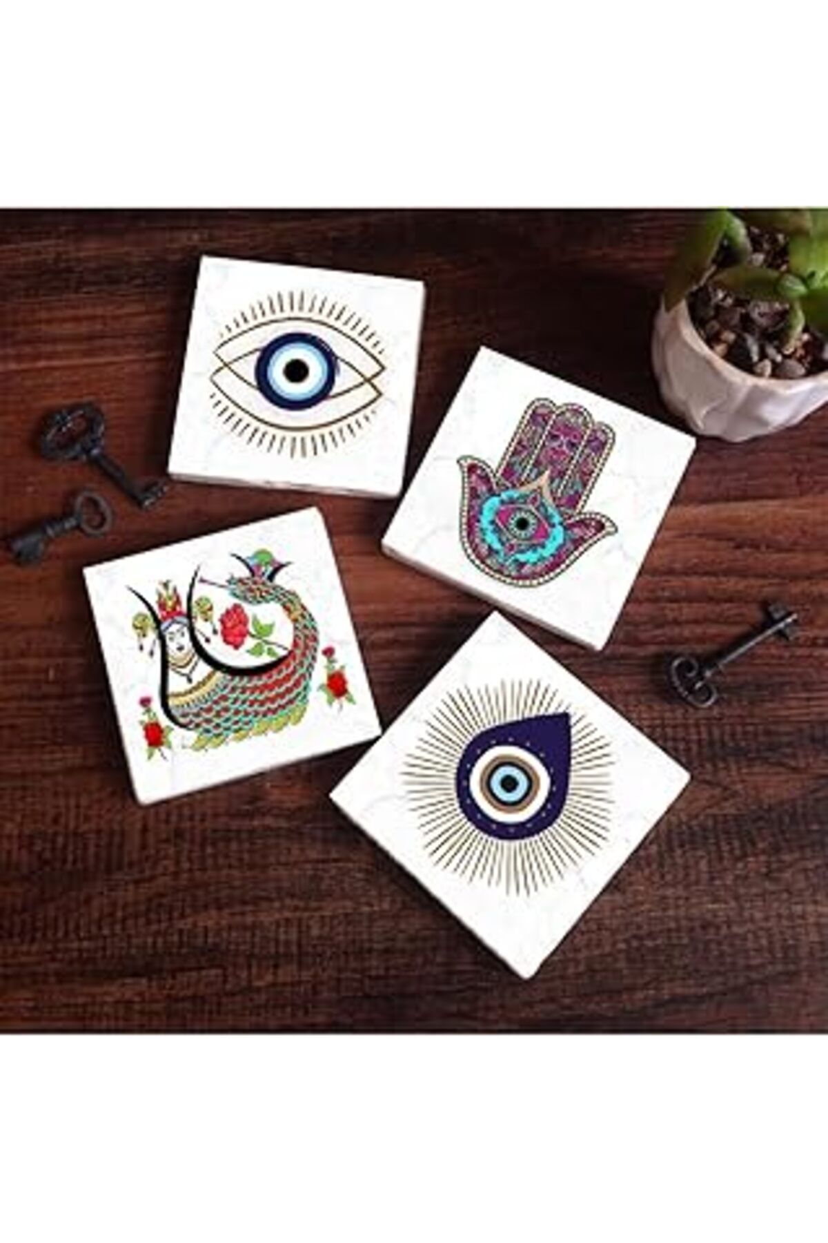 Mu Art Pinecone Nazar, Fatma Ana Eli (Hamsa), Şahmeran Taş Bardak Altlığı Seti - 4 Parça - Dekoratif, Rust