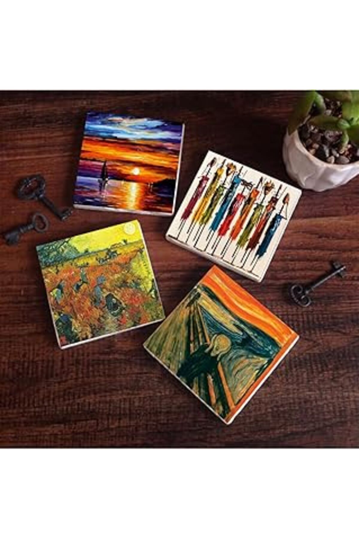 Mu Art Pinecone Van Gogh Arles'Te Kırmızı Bağ, Çığlık, Yerli Kadınlar, Deniz Manzarası Taş Bardak Altlığı