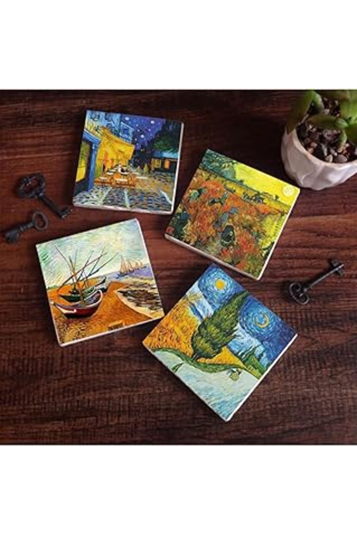 Pazarcan Pinecone Van Gogh Selvili Yol, Kırmızı Bağ, Kafe Terasta Gece, Balıkçı Tekneleri Taş Bardak Altlığı