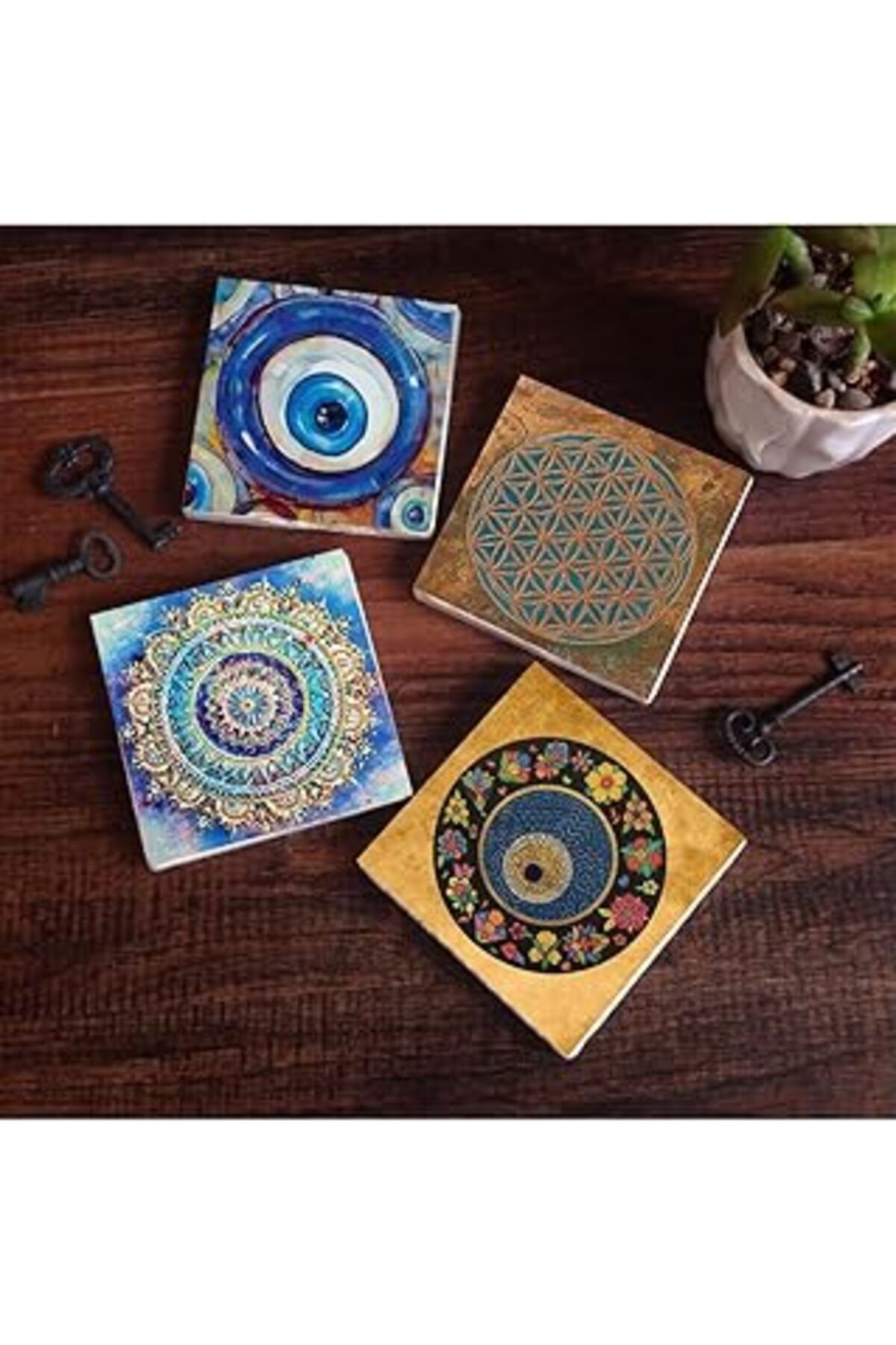 Mu Art Pinecone Nazar, Yaşam Çiçeği, Mandala Taş Bardak Altlığı Seti - 4 Parça - Dekoratif, Rustik Mutfak