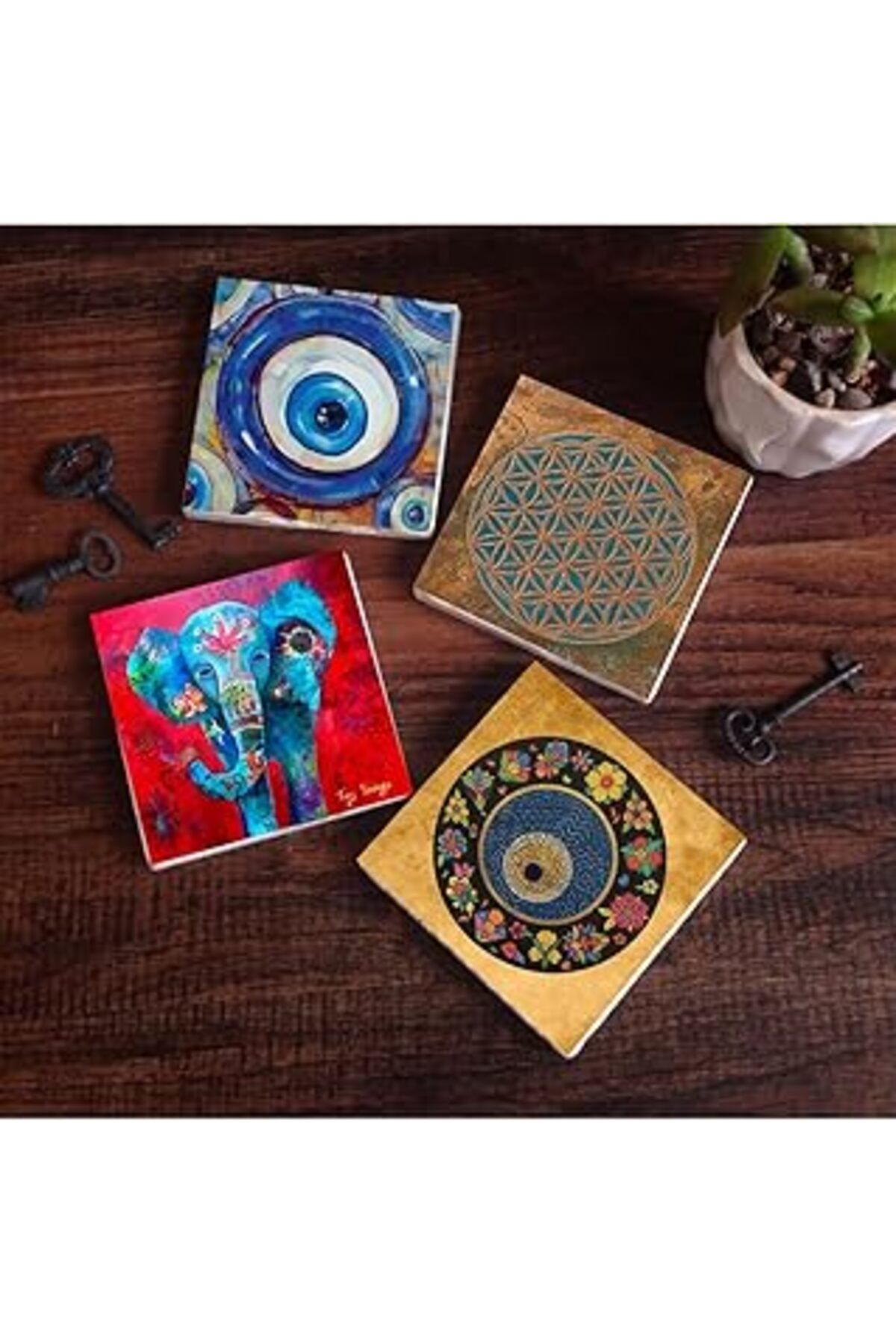 Hepta Collection Pinecone Nazar, Yaşam Çiçeği, Fil Taş Bardak Altlığı Seti - 4 Parça - Dekoratif, Rustik Mutfak Akse