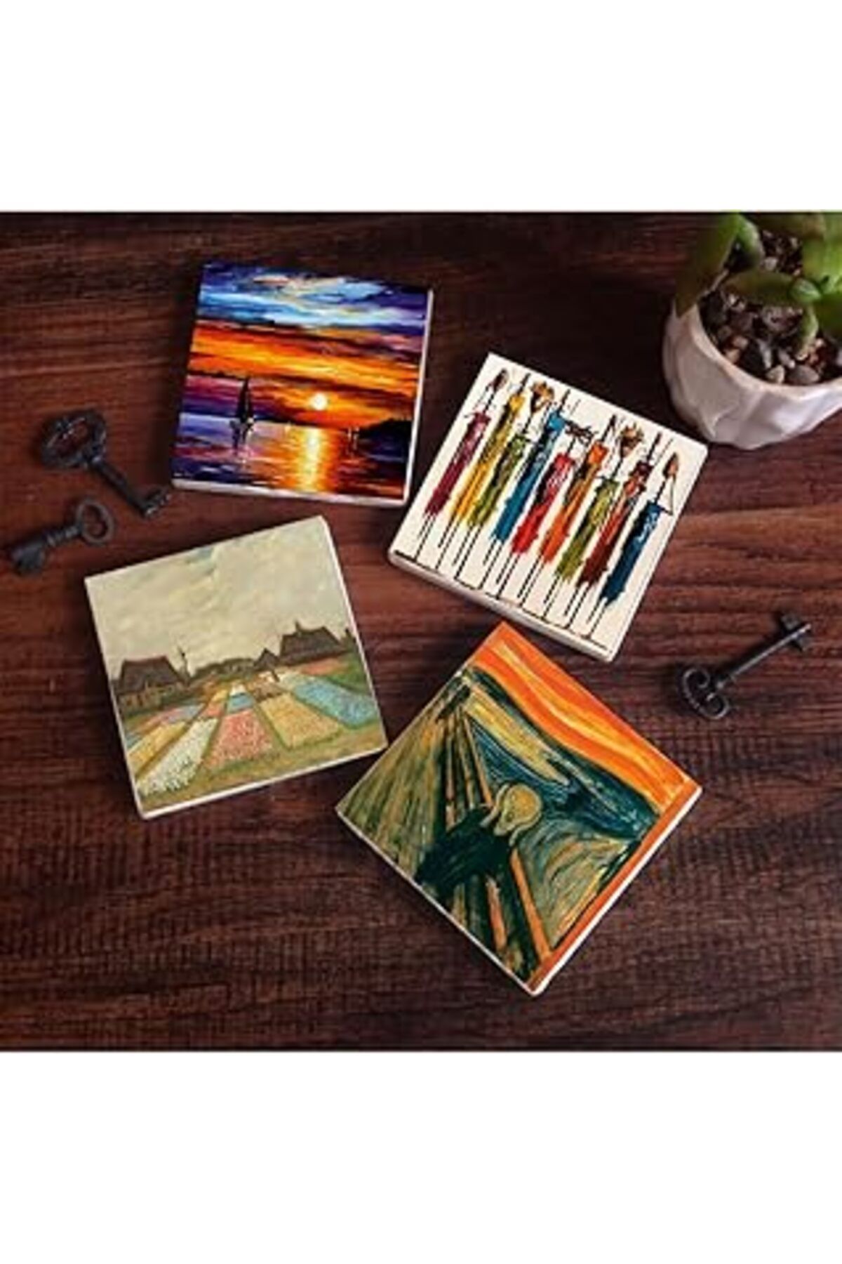Mu Art Pinecone Van Gogh Hollanda'Da Lale Tarlaları, Çığlık, Yerli Kadınlar, Deniz Manzarası Taş Bardak Al