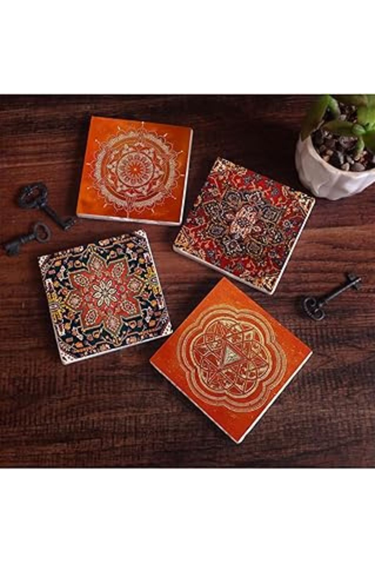 Mu Art Pinecone Desen, Sri Yantra, Mandala Taş Bardak Altlığı Seti - 4 Parça - Dekoratif, Rustik Mutfak Ak