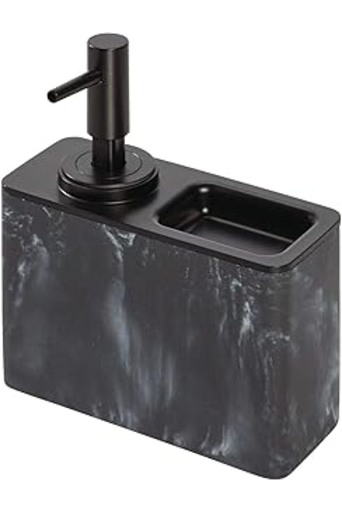Mu Art Ahşap Lavabo Görünümlü Mermer Sıvı Sabunluk Ve Yüzük Tutucu, Mat Siyah