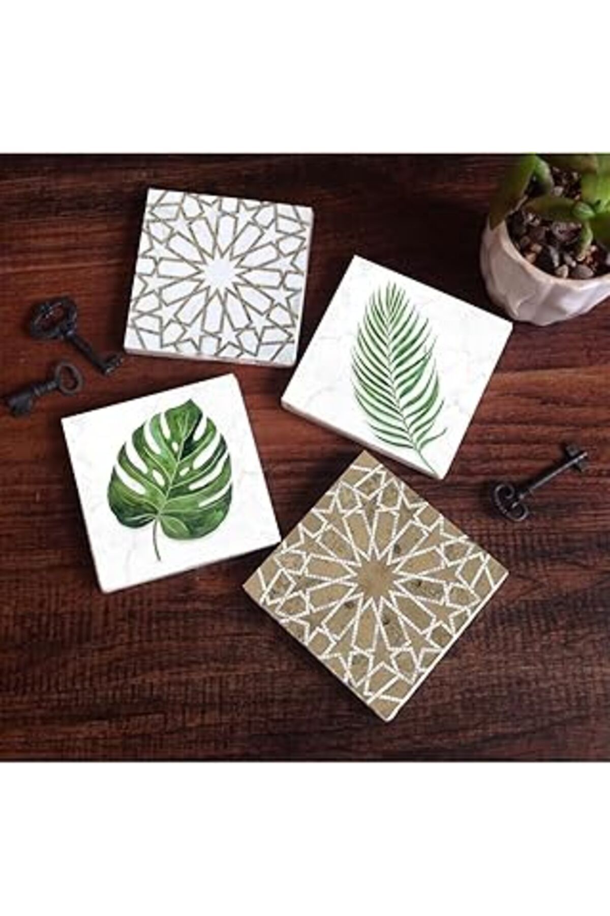 Mu Art Pinecone Etnik Desen, Yaprak Taş Bardak Altlığı Seti - 4 Parça - Dekoratif, Rustik Mutfak Aksesuarı