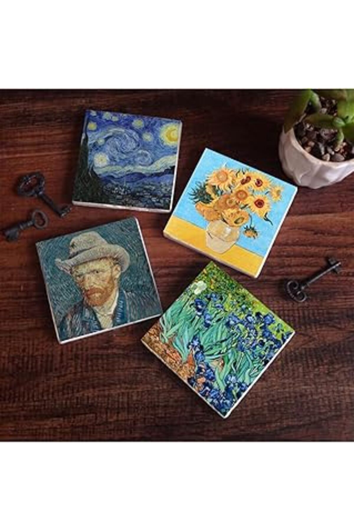 Mu Art Pinecone Van Gogh On İki Ayçiçekli Vazo, İrisler, Yıldızlı Gece, Otoportre Taş Bardak Altlığı Seti