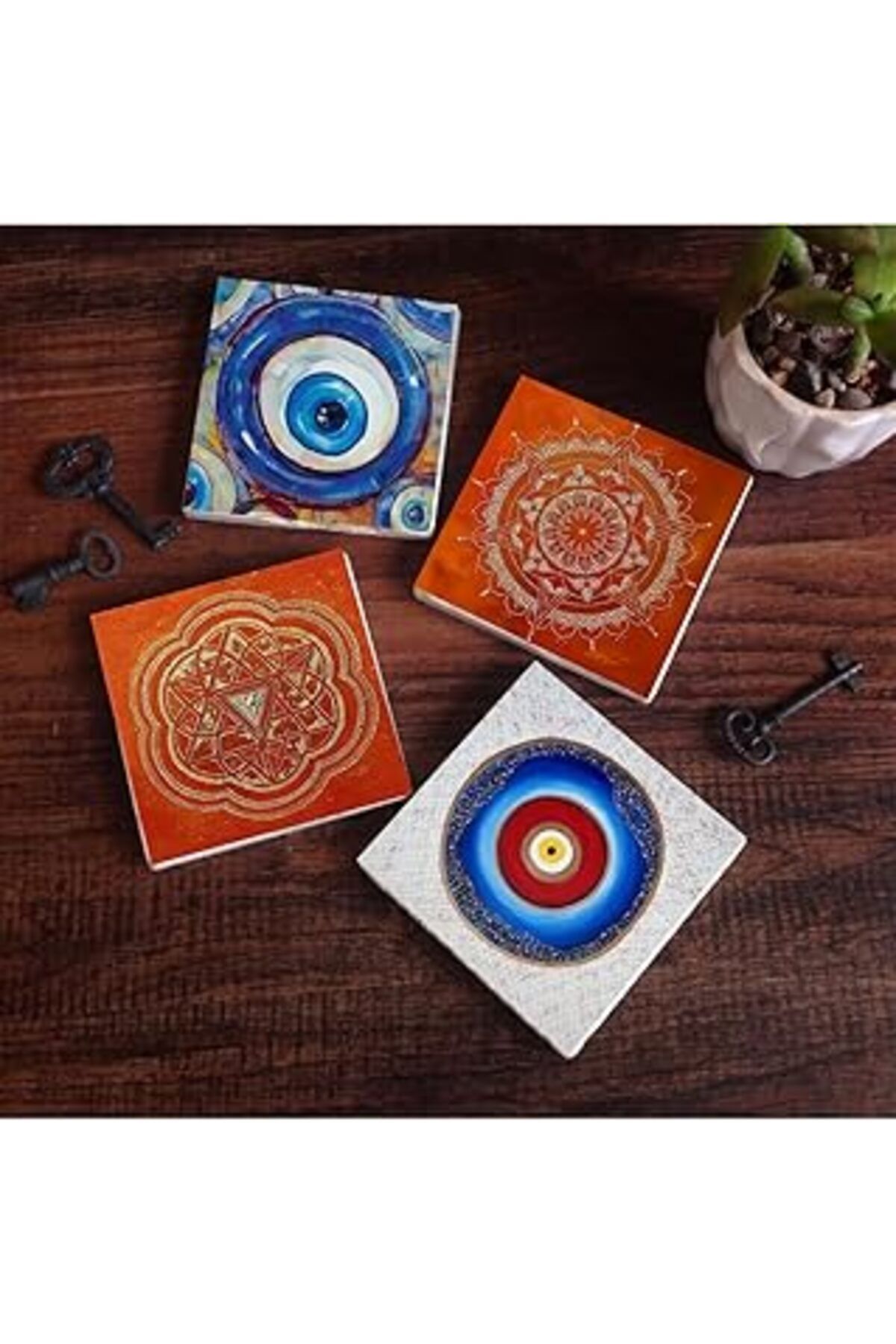 Mu Art Pinecone Nazar, Sri Yantra, Mandala Taş Bardak Altlığı Seti - 4 Parça - Dekoratif, Rustik Mutfak Ak