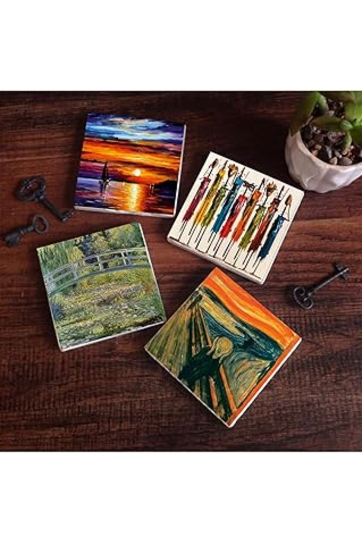 Mu Art Pinecone Çığlık, Yerli Kadınlar, Deniz Manzarası, Claude Monet Nilüfer Gölü Taş Bardak Altlığı Seti