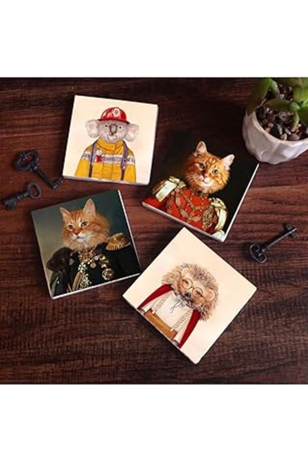 Mu Art Pinecone Patili Ekselanslar, Kirpi, Koala Taş Bardak Altlığı Seti - 4 Parça - Dekoratif, Rustik Mut