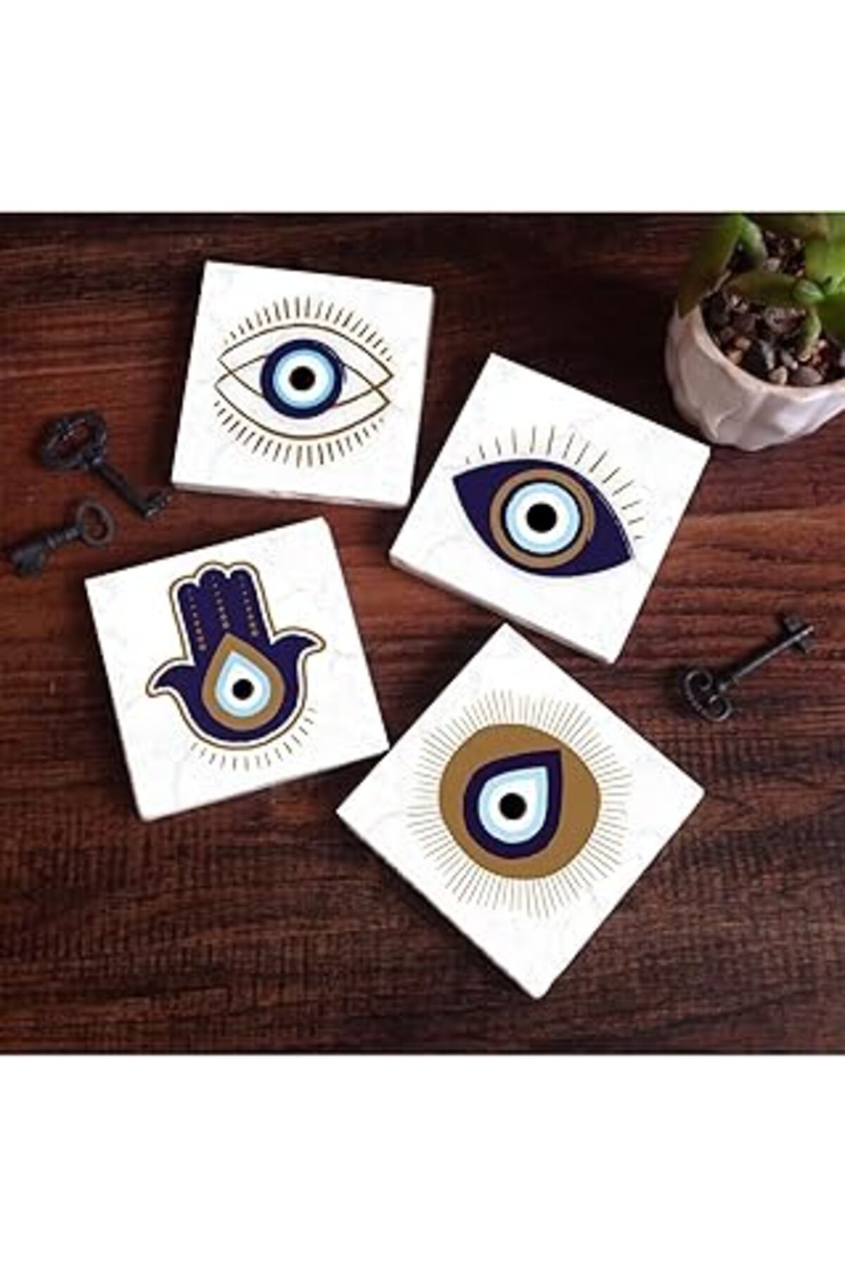 Mu Art Pinecone Fatma Ana Eli (Hamsa), Nazar Taş Bardak Altlığı Seti - 4 Parça - Dekoratif, Rustik Mutfak