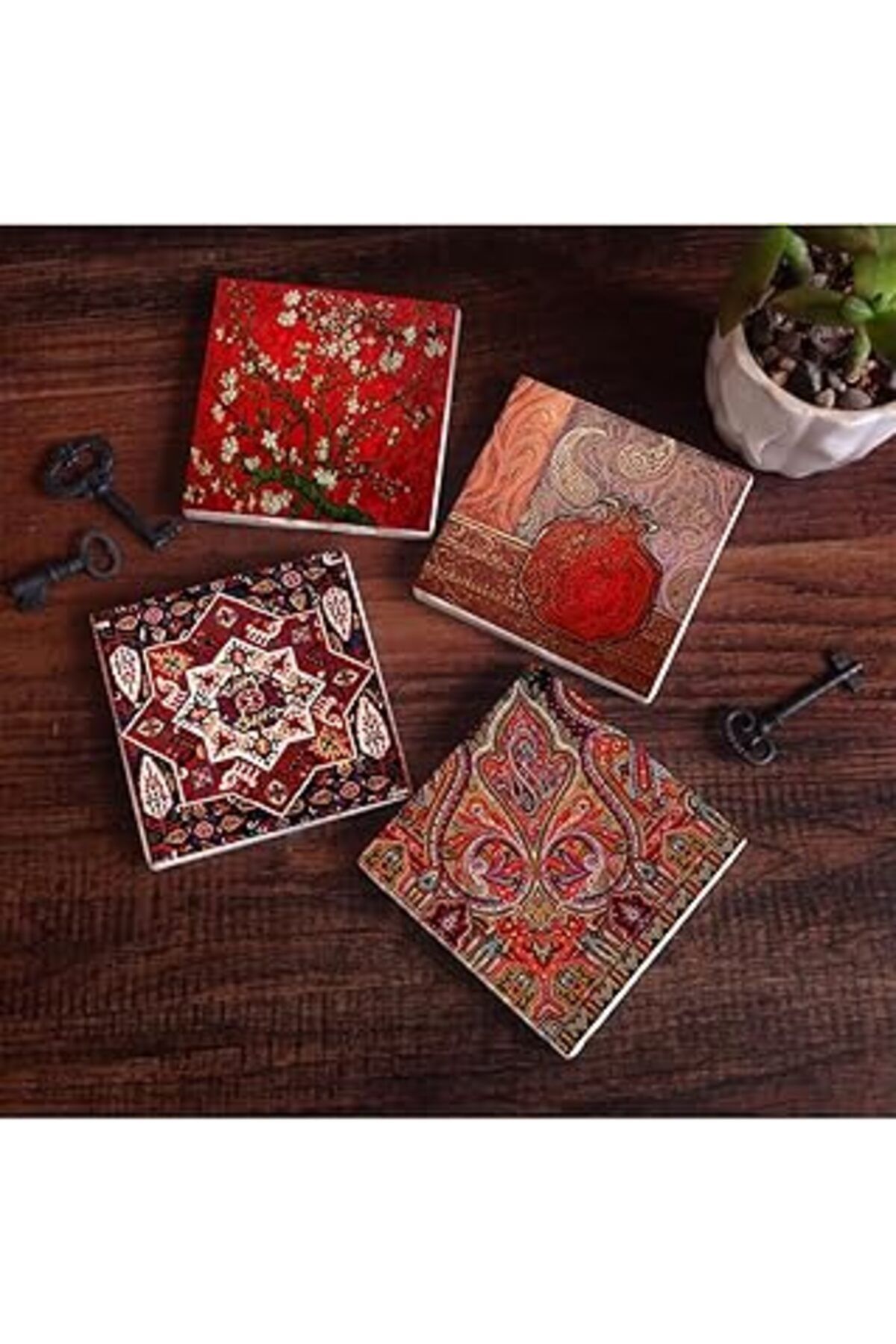 Mu Art Pinecone Nar, Desen, Van Gogh Badem Ağacı Taş Bardak Altlığı Seti - 4 Parça - Dekoratif, Rustik Mut