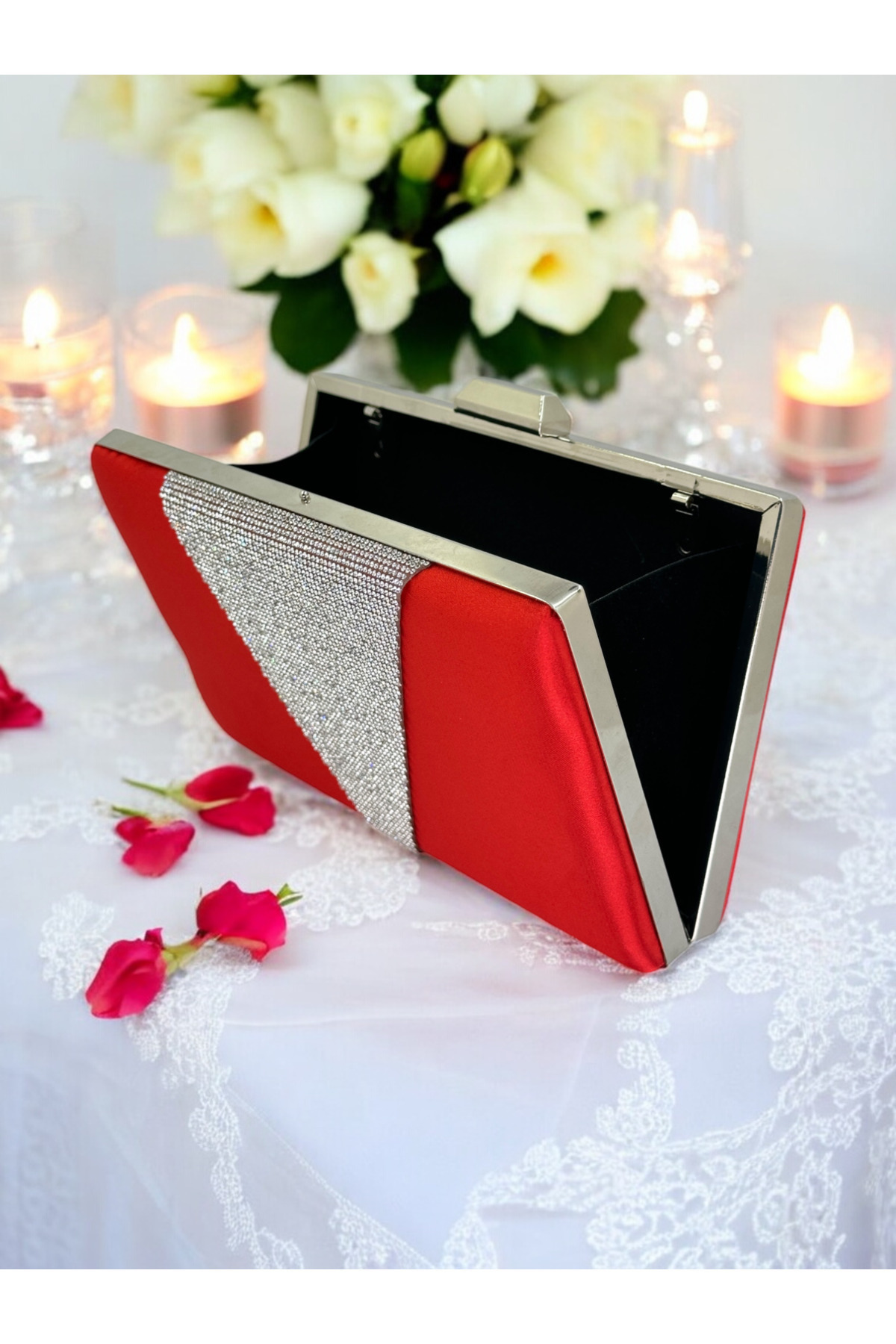 Ahenk Design-Red Satin Silver Stone Metal Handle Evening Dress Bag Evening Bag Engagement Wedding Bag 3
