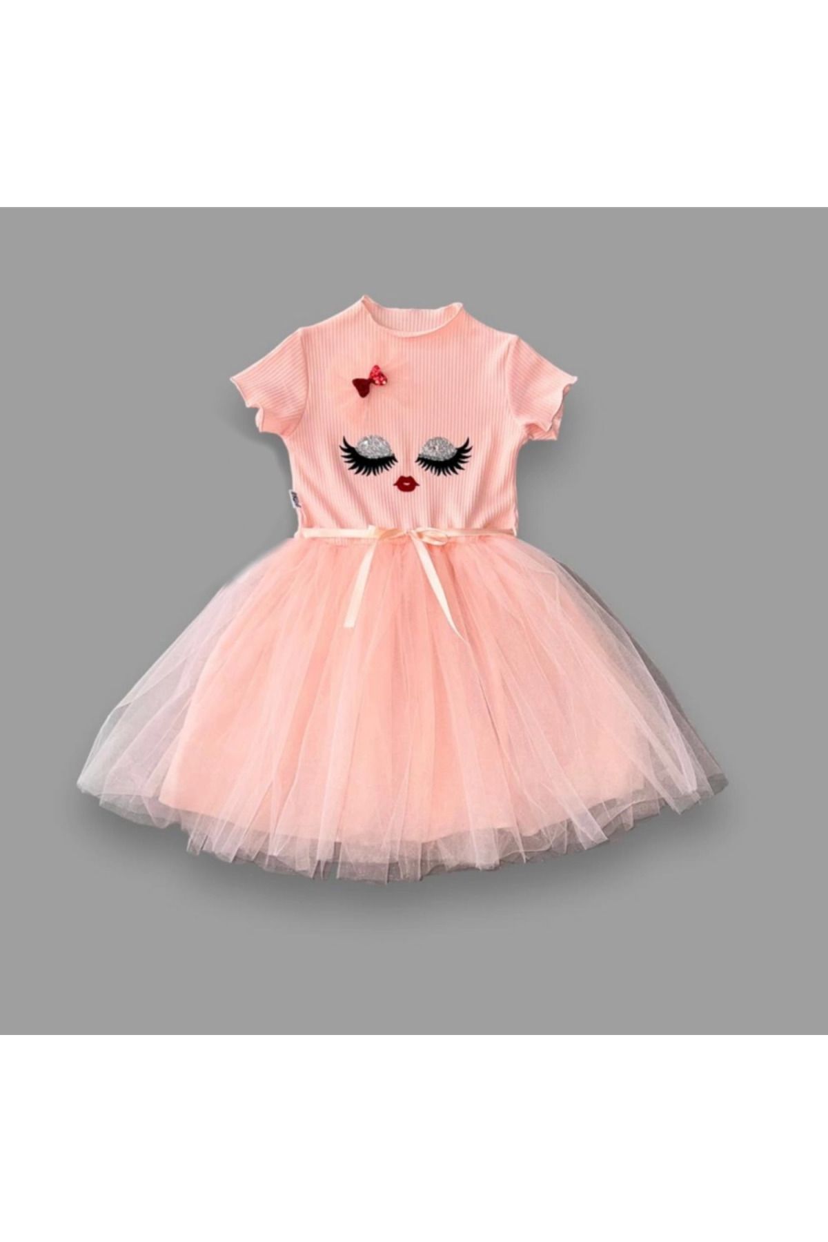 velmorafashion 5-6-7 Yaş Payetli Süslü Yüz Baskılı Kız Çocuk Elbisesi Pudra