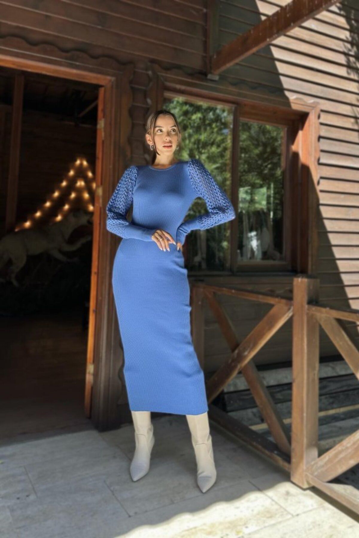 MRA Fashion Mavi Kolları Örgülü Triko Elbise
