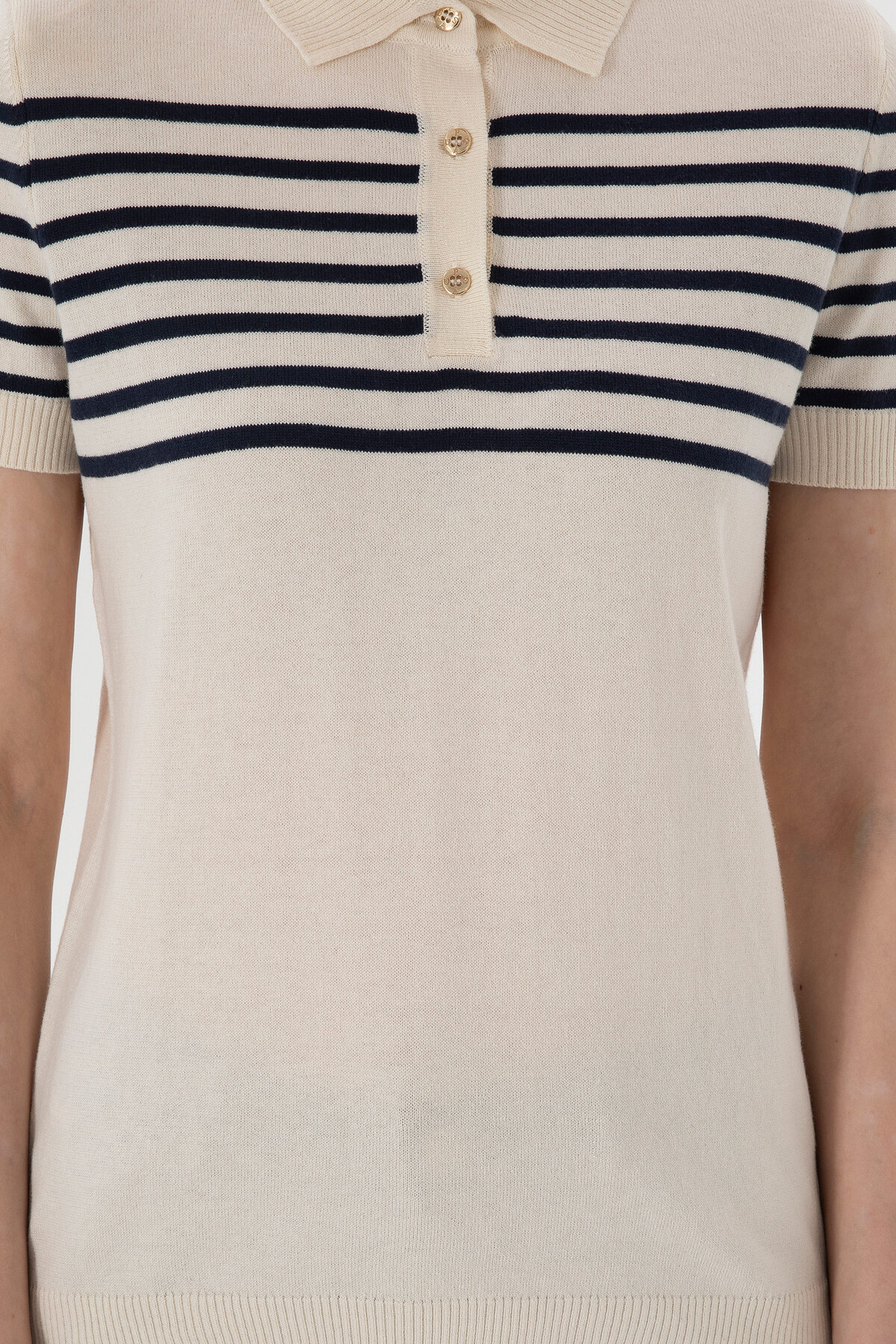 U.S. Polo Assn.  Kadın Lacivert Polo Yaka Çizgili Triko Tişört 50306479-VR071 - Görsel 6