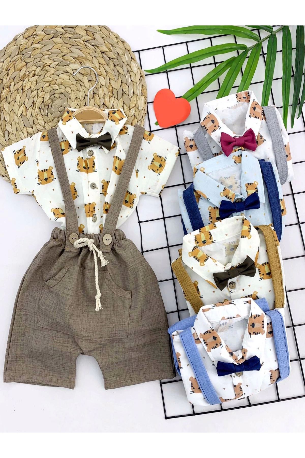 velmorafashion 9-12-18-24 Ay Pamuk Keten Aslan Desenli Papyonlu 2li Erkek Bebek Salopet Takımı İndigo