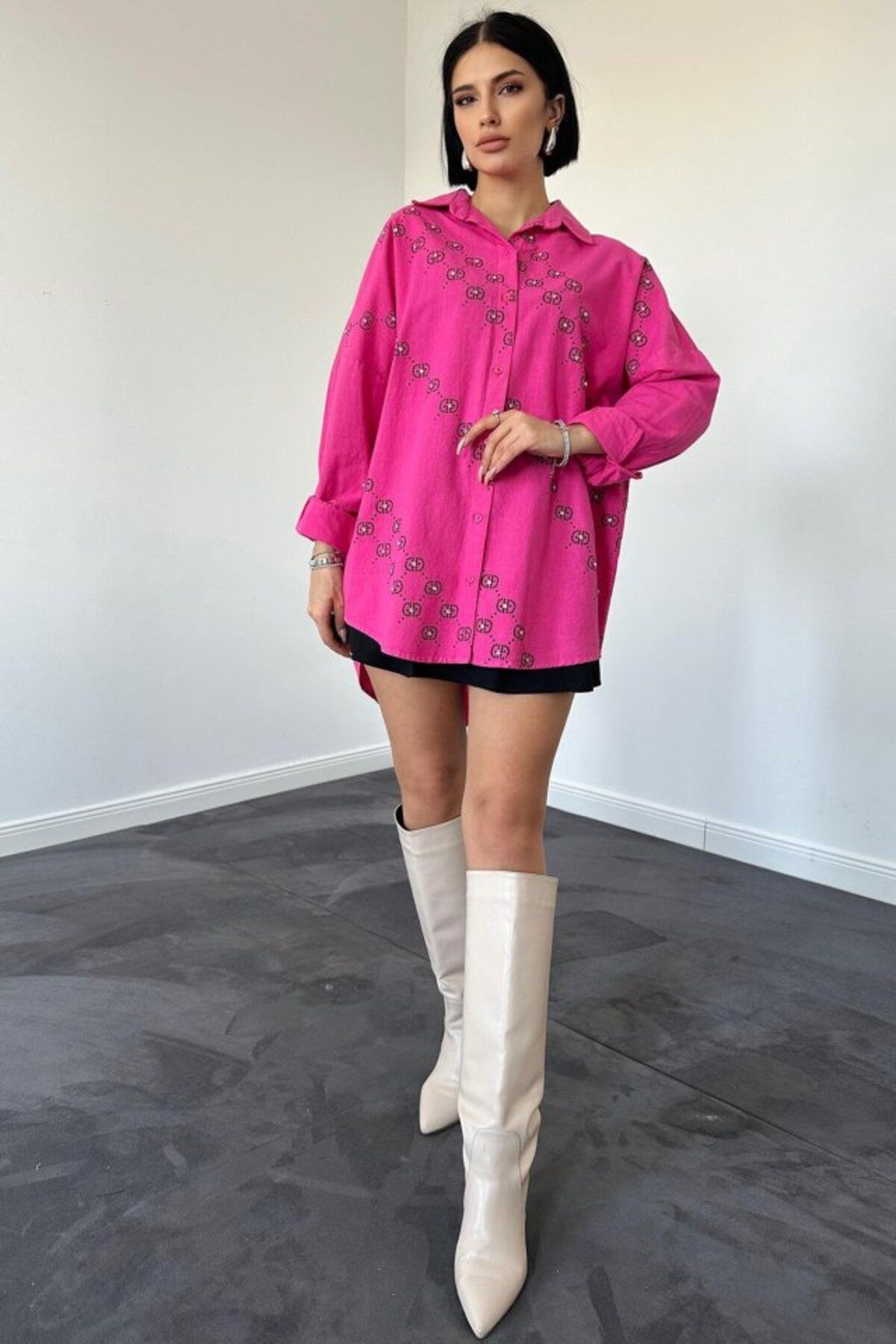 MRA Fashion Fuşya Boyamalı Keten Baskılı Taşlı Gömlek