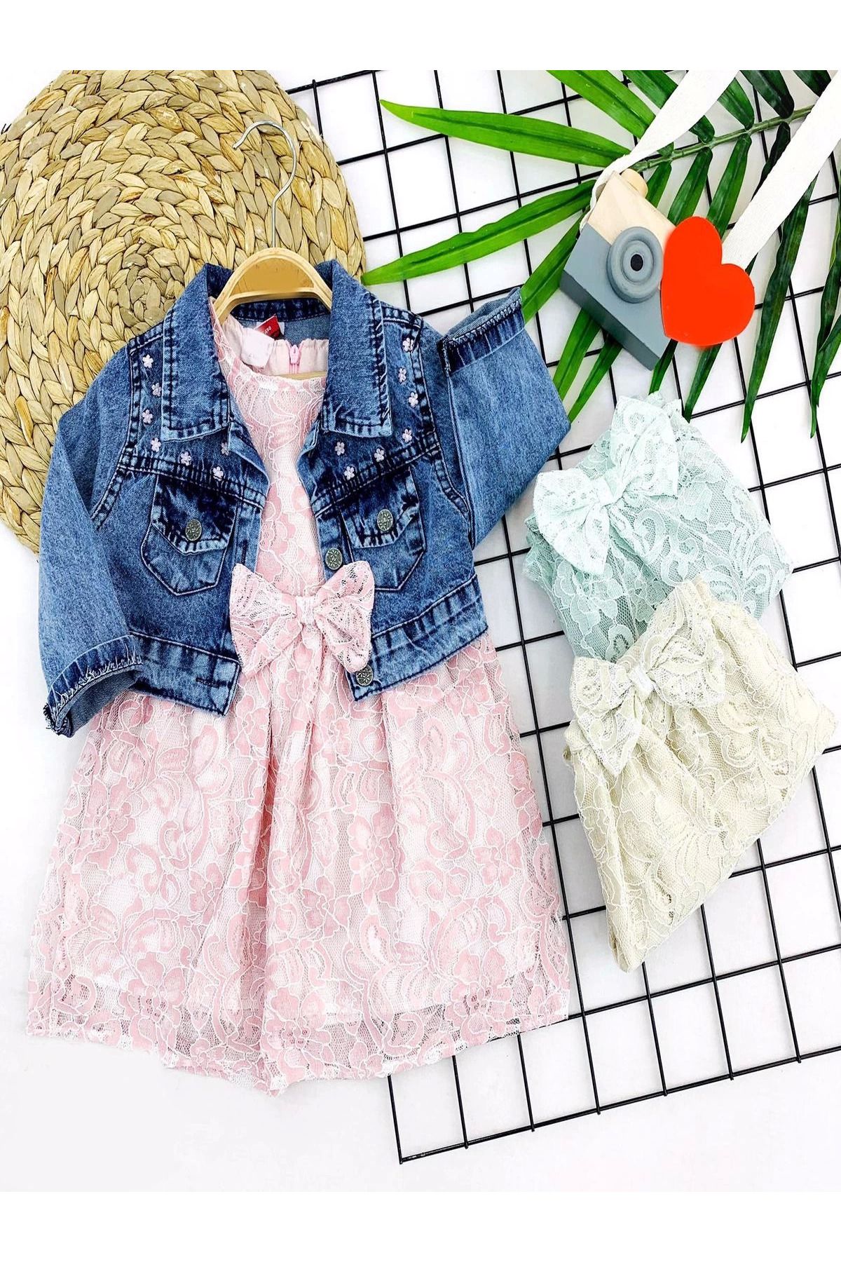 velmorafashion 2-3-4-5 Yaş Kot Ceketli Astarlı Güpürlü 2li Kız Çocuk Elbisesi Yeşil