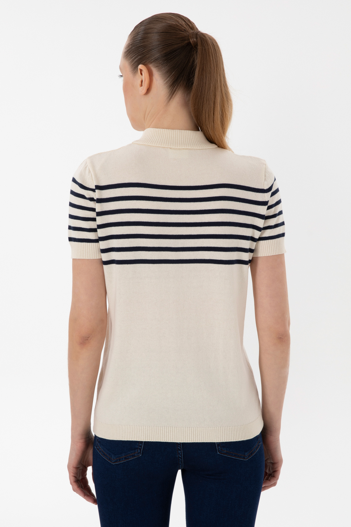 U.S. Polo Assn.  Kadın Lacivert Polo Yaka Çizgili Triko Tişört 50306479-VR071 - Görsel 5