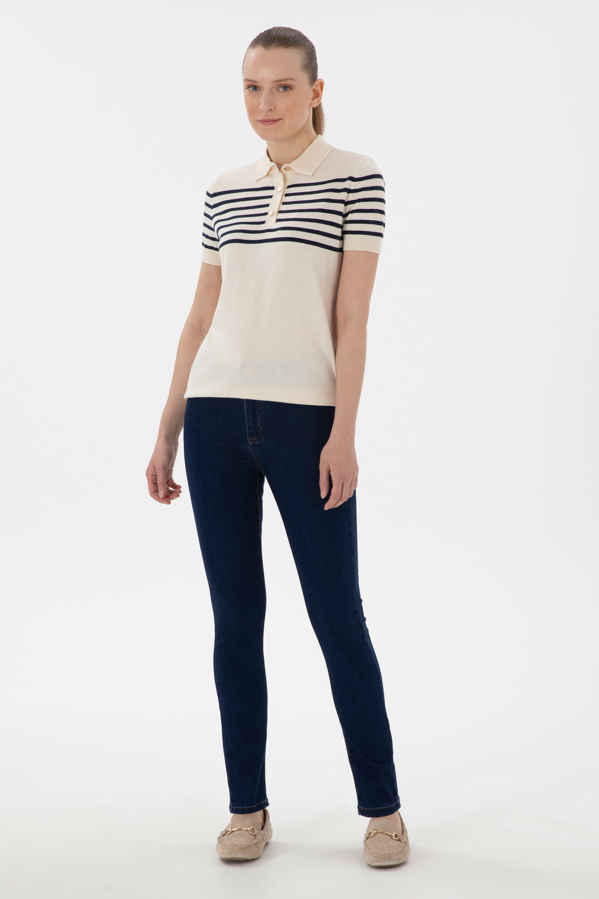 U.S. Polo Assn.  Kadın Lacivert Polo Yaka Çizgili Triko Tişört 50306479-VR071 - Görsel 4