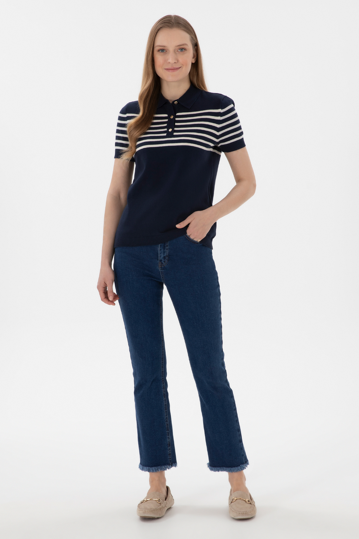 U.S. Polo Assn.  Kadın Lacivert Polo Yaka Çizgili Triko Tişört 50306479-VR033 - Görsel 4