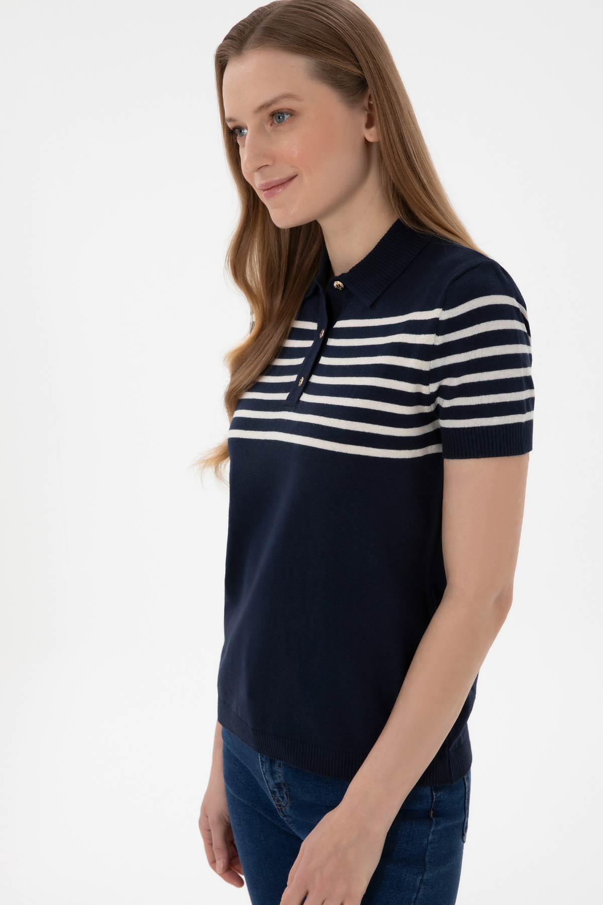 U.S. Polo Assn.  Kadın Lacivert Polo Yaka Çizgili Triko Tişört 50306479-VR033 - Görsel 3