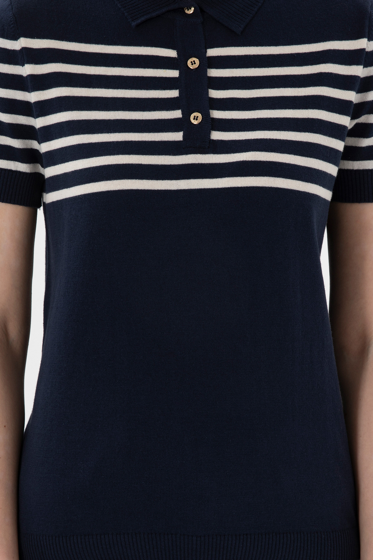 U.S. Polo Assn.  Kadın Lacivert Polo Yaka Çizgili Triko Tişört 50306479-VR033 - Görsel 6