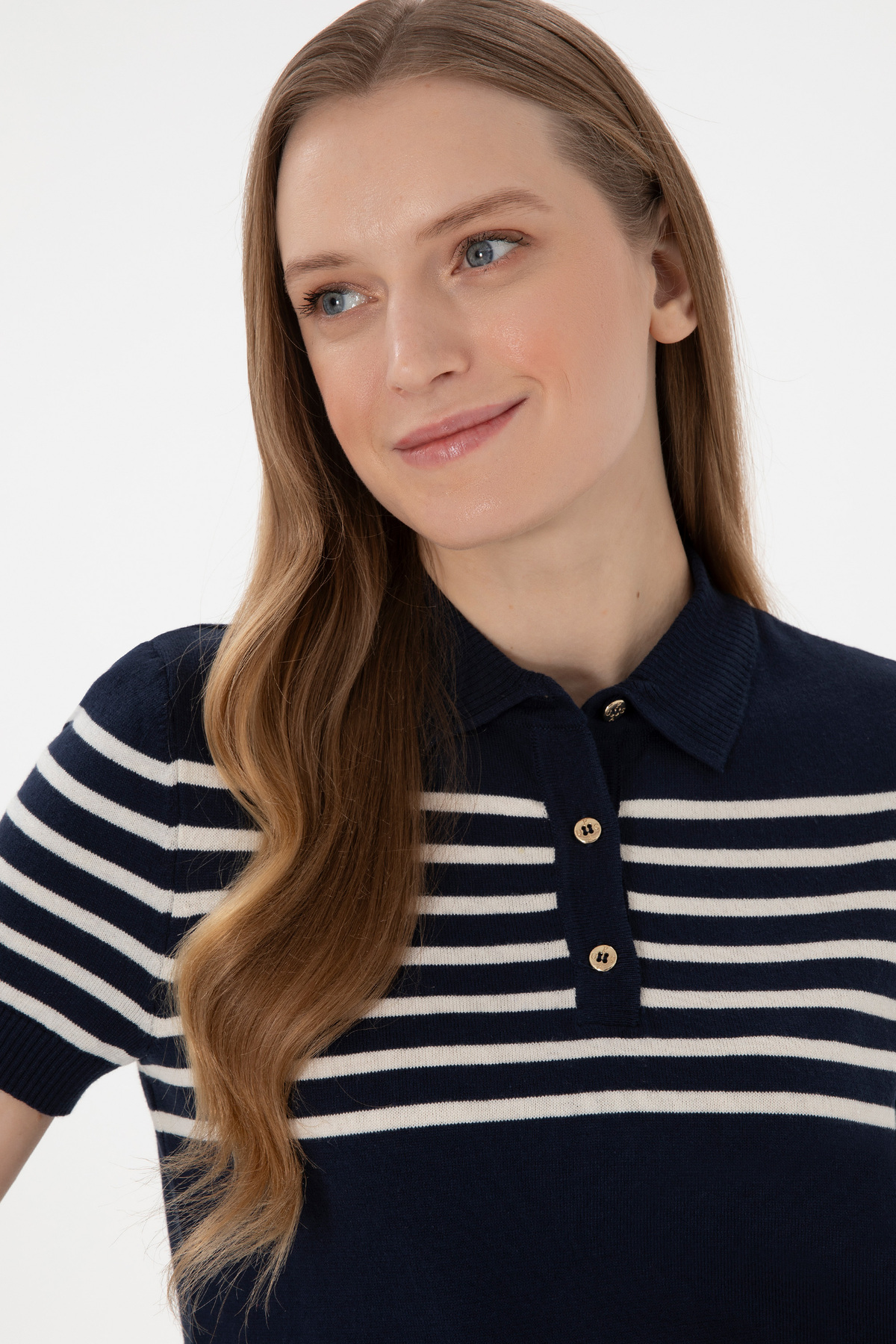 U.S. Polo Assn.  Kadın Lacivert Polo Yaka Çizgili Triko Tişört 50306479-VR033 - Görsel 2