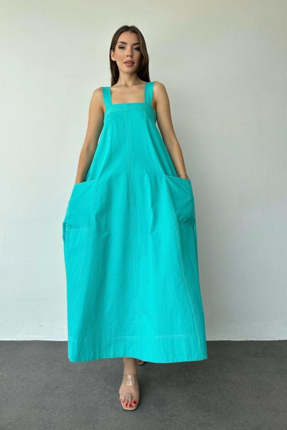 velmorafashion Mint Askılı Cepli Elbise