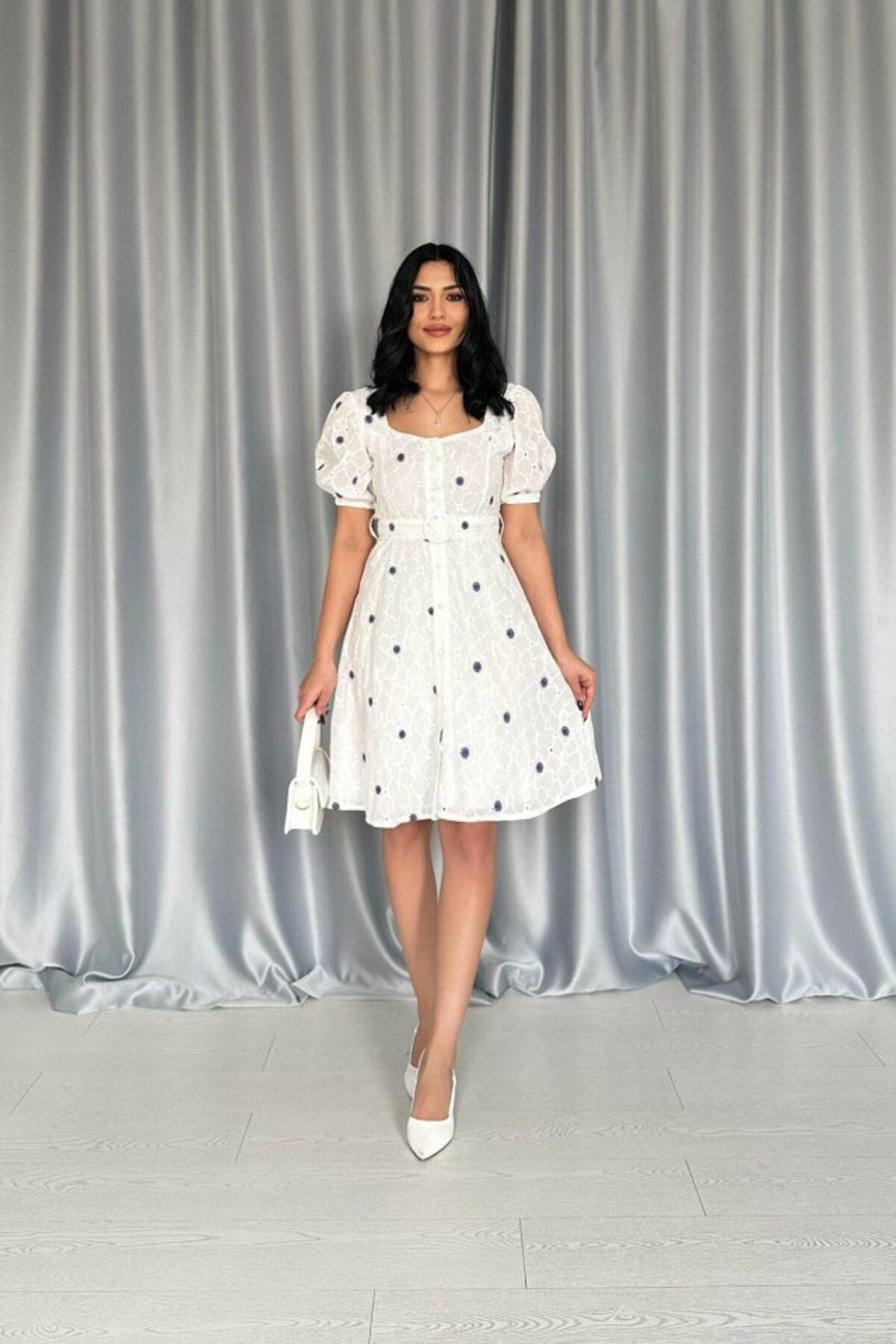 fh fashionhere Lila Kemerli Kare Yaka Elbise