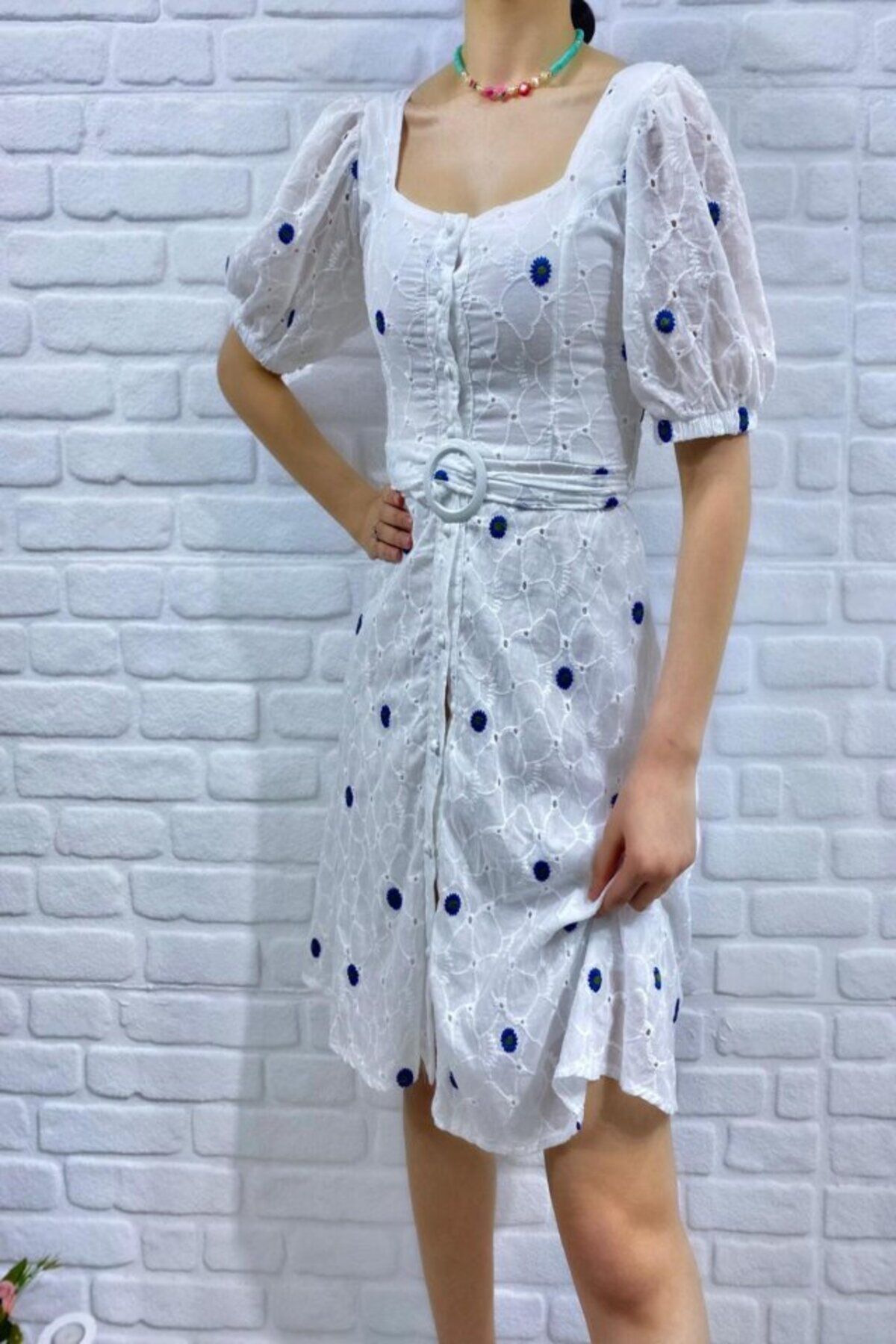 fh fashionhere Mavi Kemerli Kare Yaka Elbise