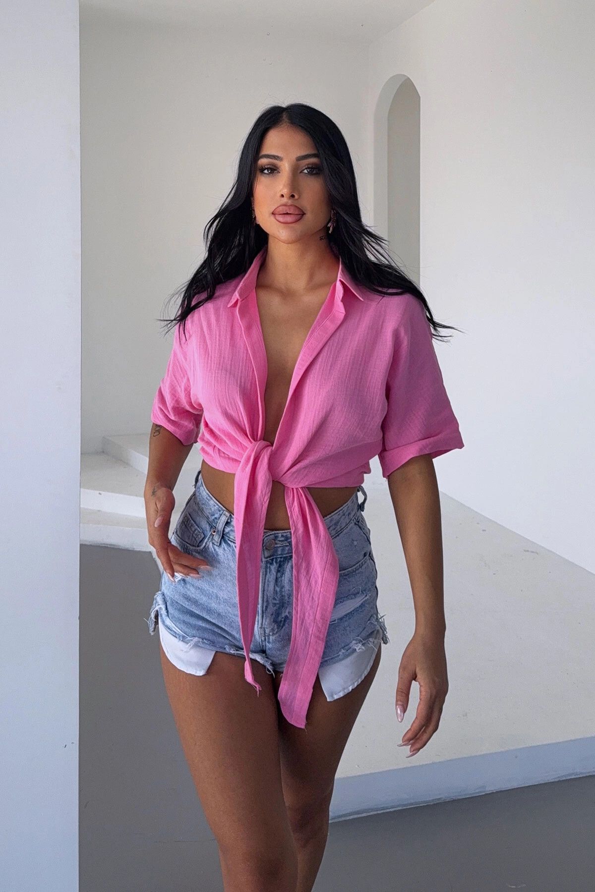 bacc-Women's Pink Muslin Linen Tie Blouse Bcbt- 251000 2
