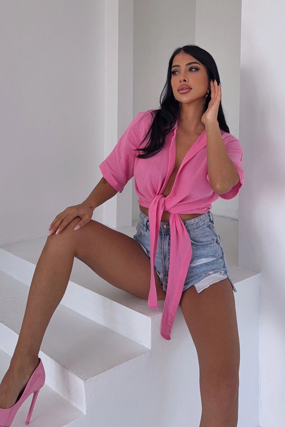 bacc-Women's Pink Muslin Linen Tie Blouse Bcbt- 251000 4
