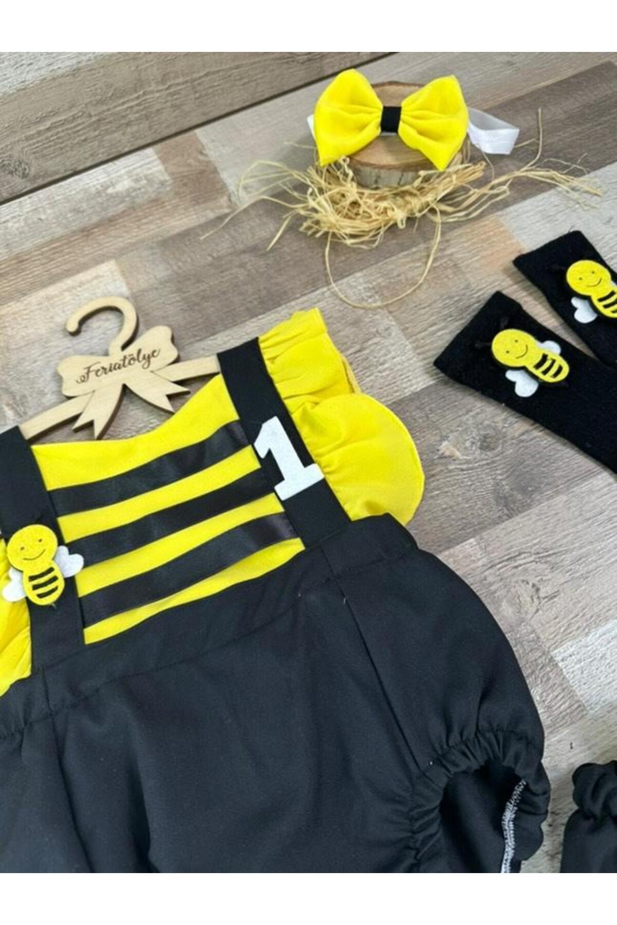 Feriatolye El yapımı arı konsepti Kız bebek romper etek toka çorap takımı fotoğrafı 5 (önizleme)