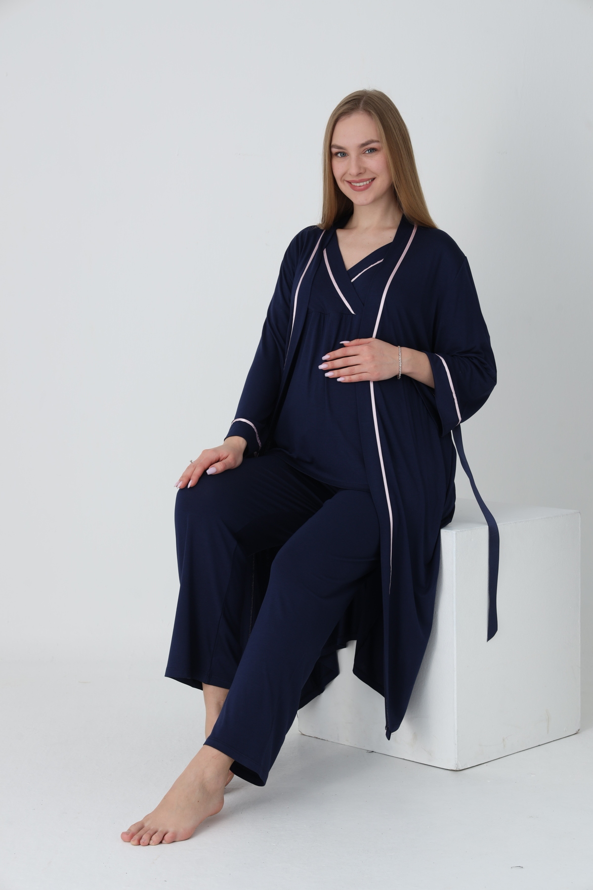 Miss Dünya Lissa Sabahlıklı Şerit Detaylı Hamile ve Lohusa Pijama Takımı fotoğrafı 5 (önizleme)