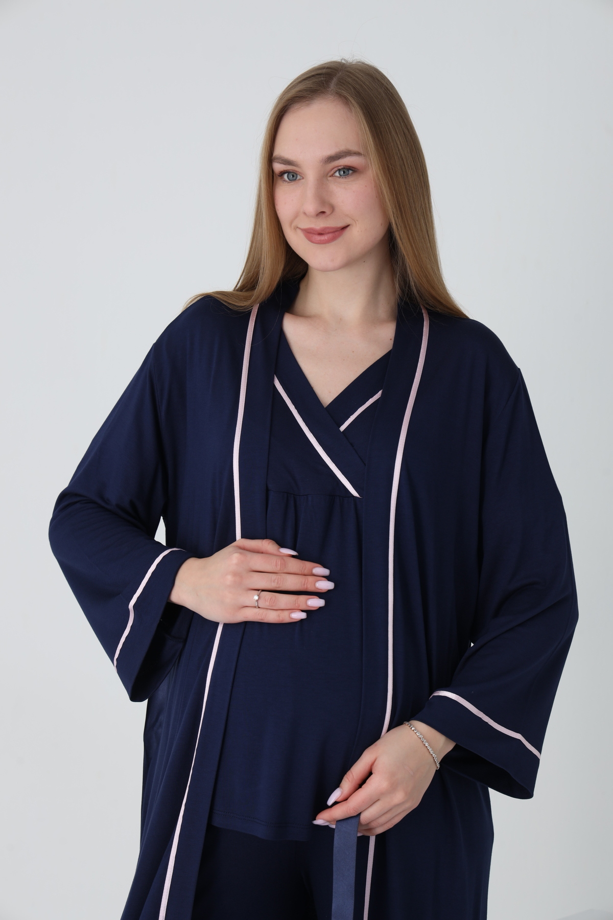 Miss Dünya Lissa Sabahlıklı Şerit Detaylı Hamile ve Lohusa Pijama Takımı fotoğrafı 4 (önizleme)