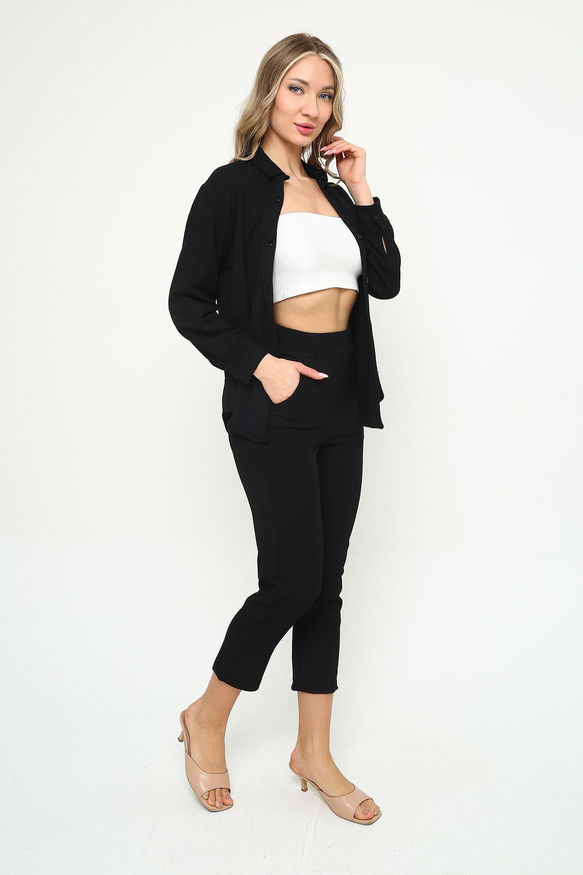 Mythologie-Women's Wrinkled Shirt Pants Set – Buttoned High Waist Twill 5
