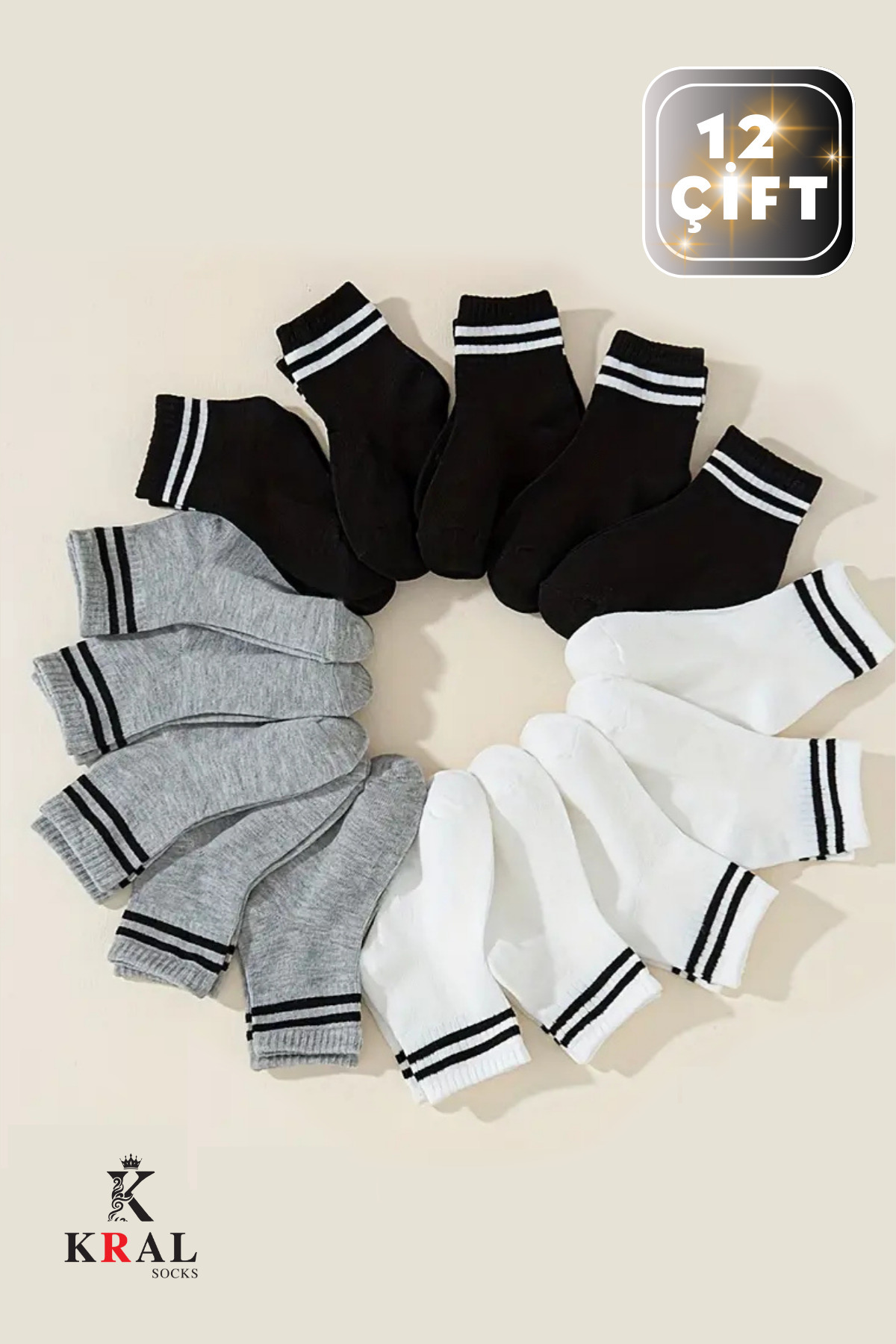 Lüx Kral 12 Çift Unisex Pamuklu Çizgili Kolej Tenis Spor Çorap görsel 8