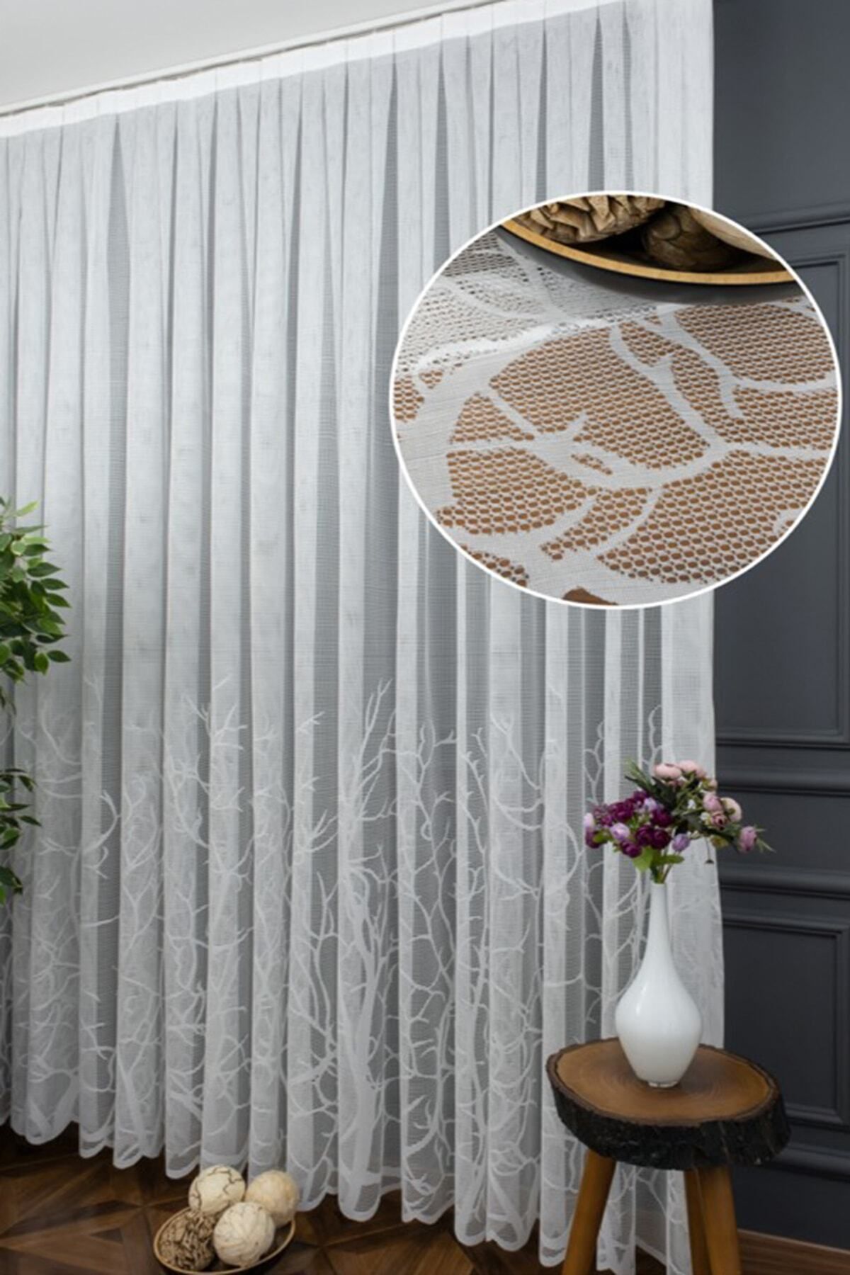 Lower Branch Pattern Model Design Iron-On Anti-Wrinkle 1/3 Layer Pleated Tulle Curtain