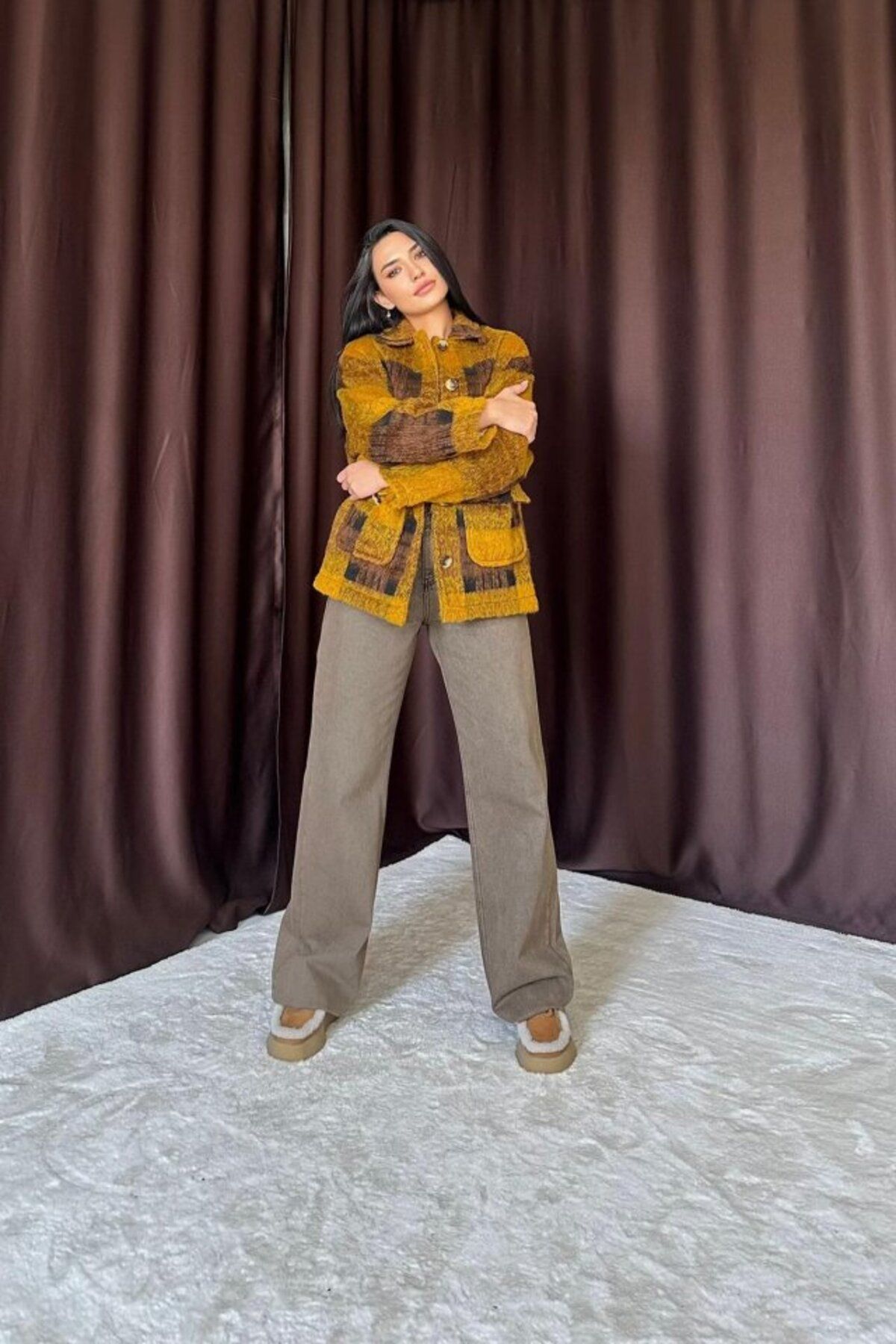 fh fashionhere Hardal Siyah Düğmeli Ekoseli Kaban