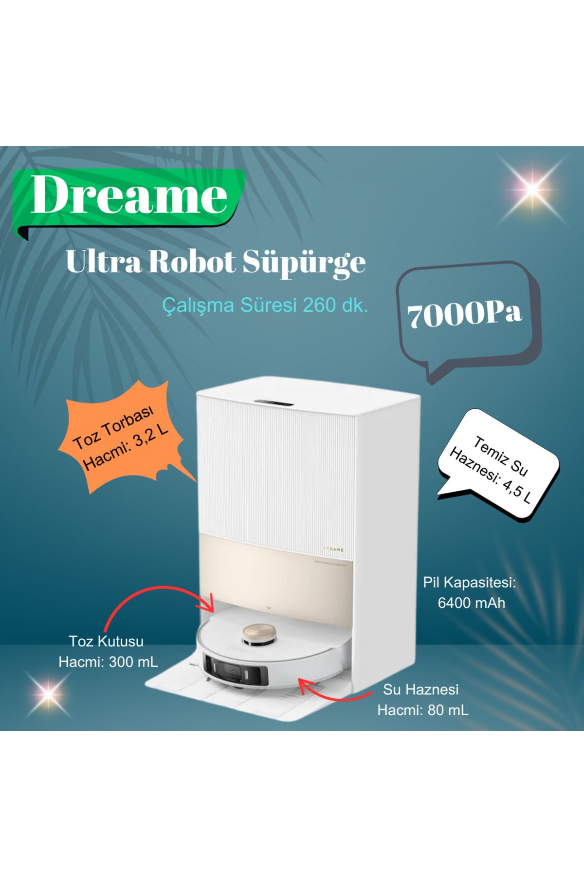 Dreame Ultra 7000Pa Uyumlu  Emiş Complete, Otomatik Paspas  Yıkama ve Kurutma,  Robot Süpürge