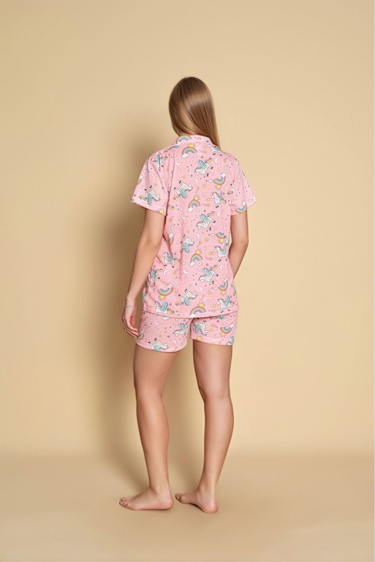 Sude HOMEWEAR-طقم بيجامة شورت قميص نسائي منقوش 3