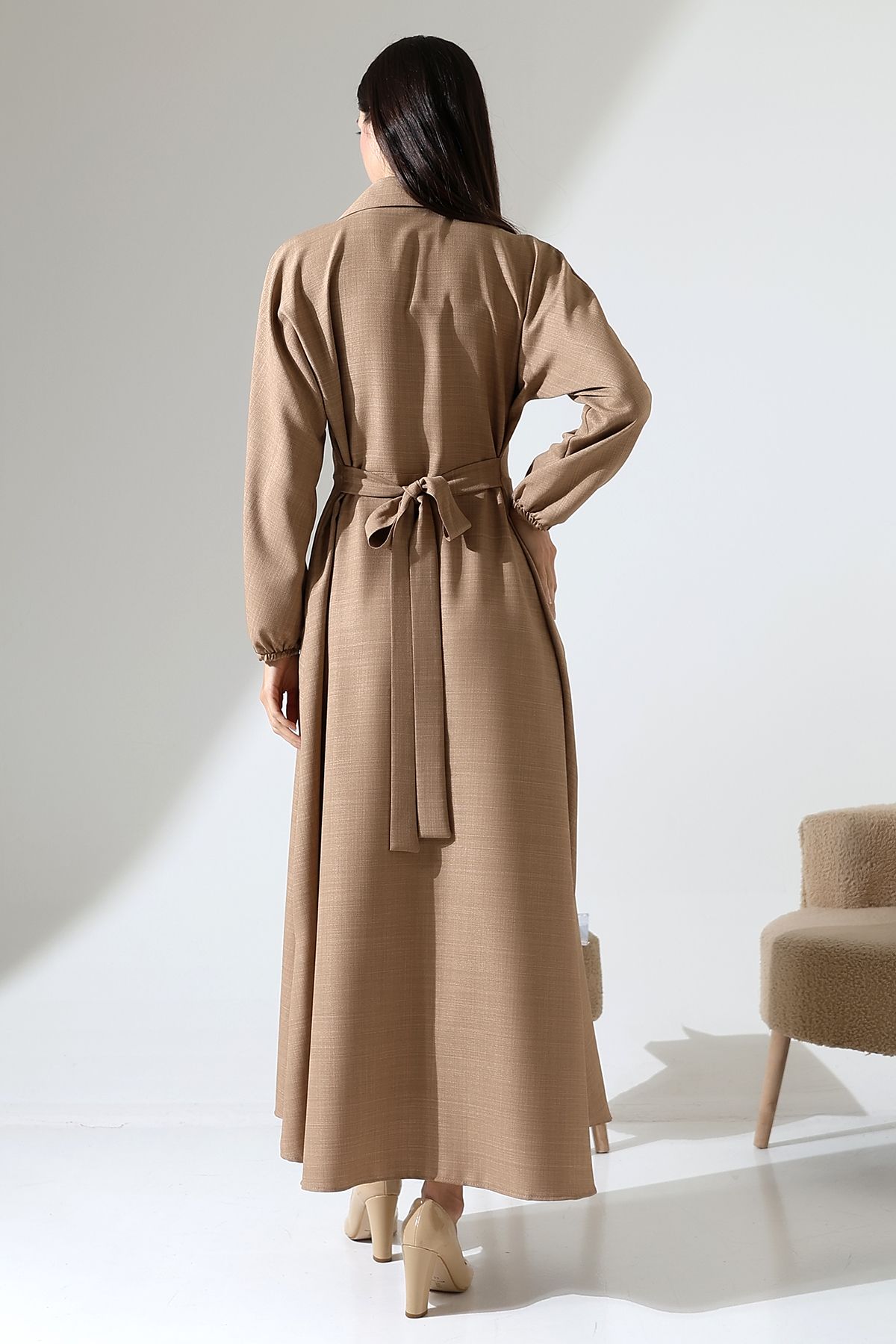 ensade-Front Pleated Elastic Sleeve Belted Woven Dress 8