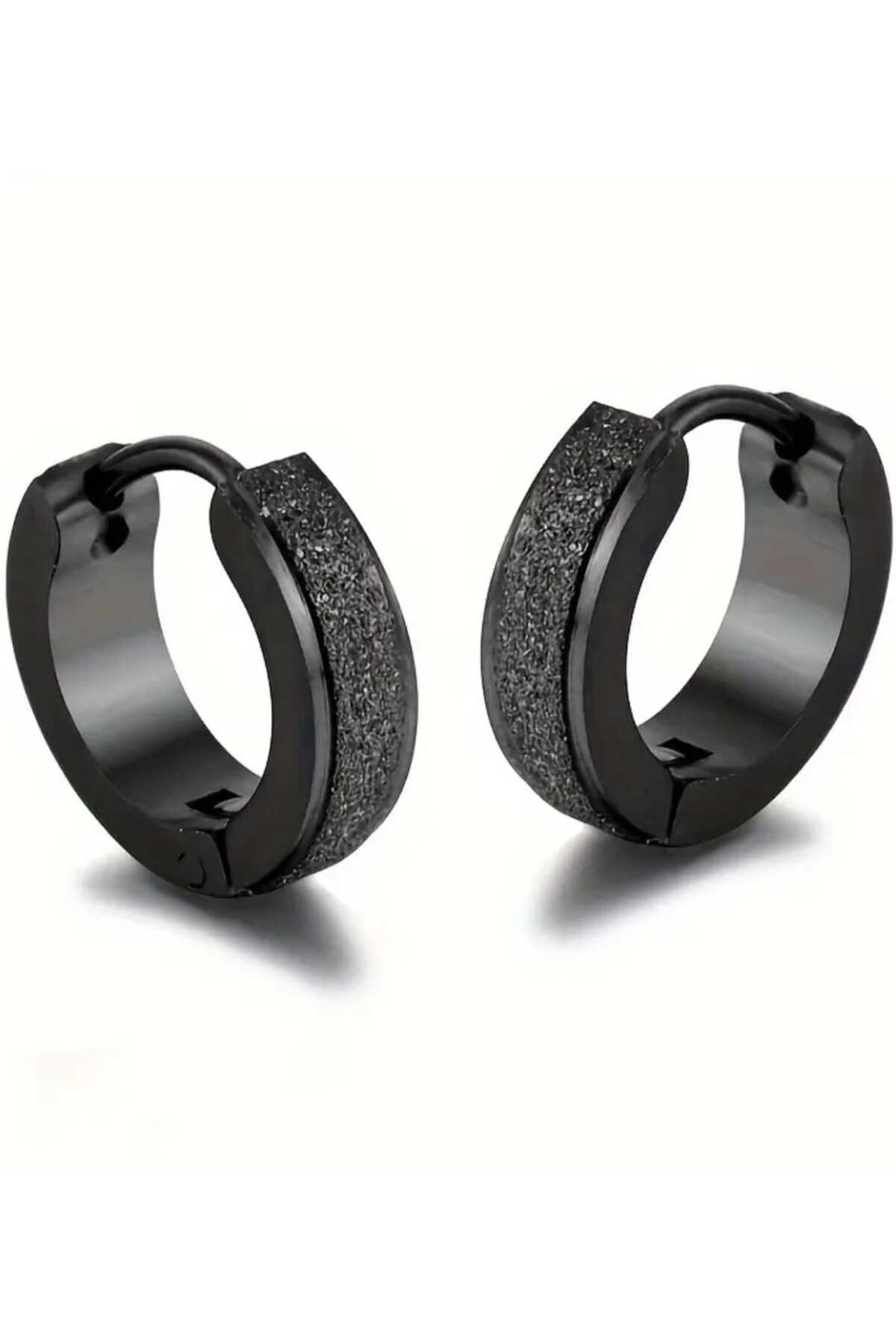 sarıyer silver-Plain Black Silvery Striped Steel Hoop Earrings 1