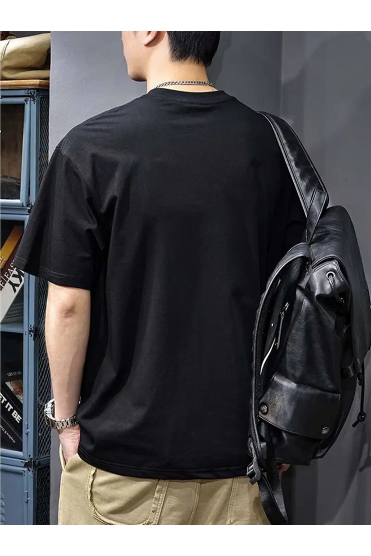 Wish BF Unisex Oversize Battal Boy %100 Pamuklu Bisiklet Yaka Siyah T-Shirt Tişört görsel 2
