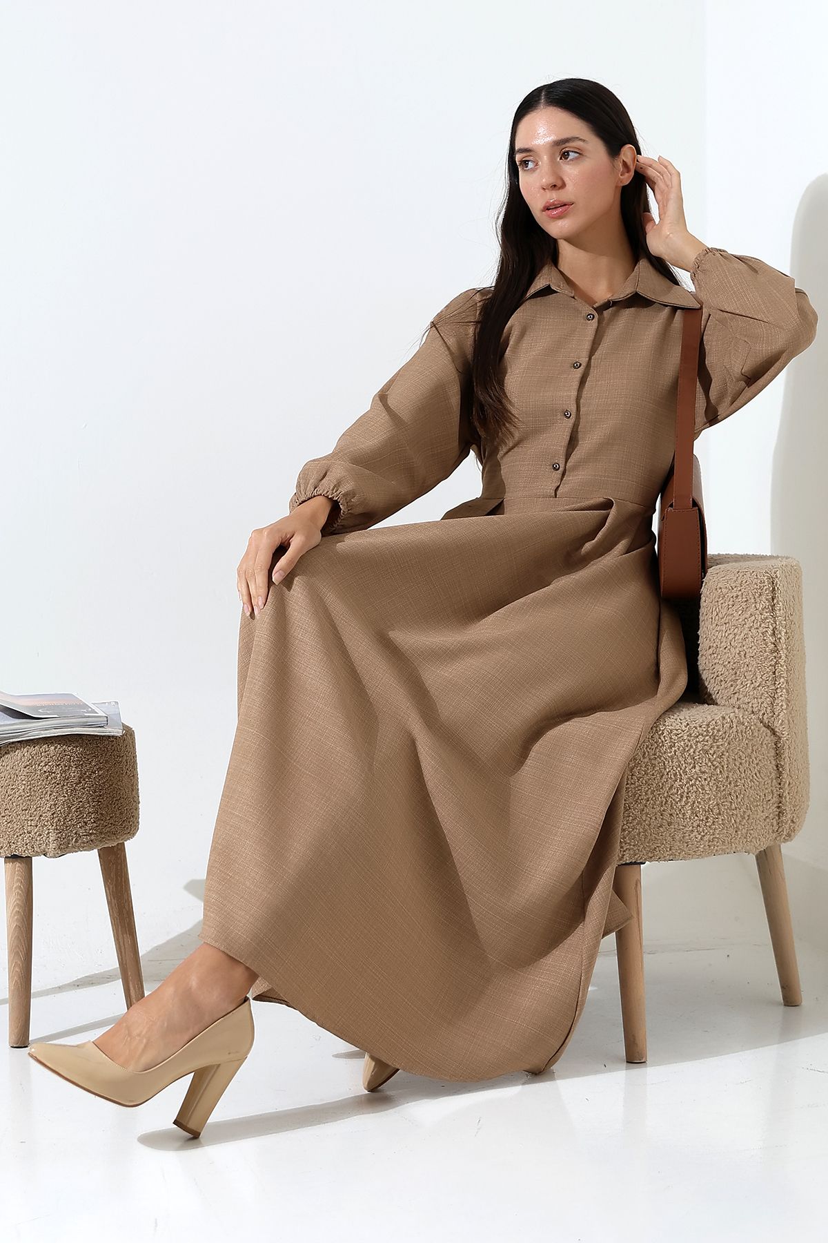 ensade-Front Pleated Elastic Sleeve Belted Woven Dress 7