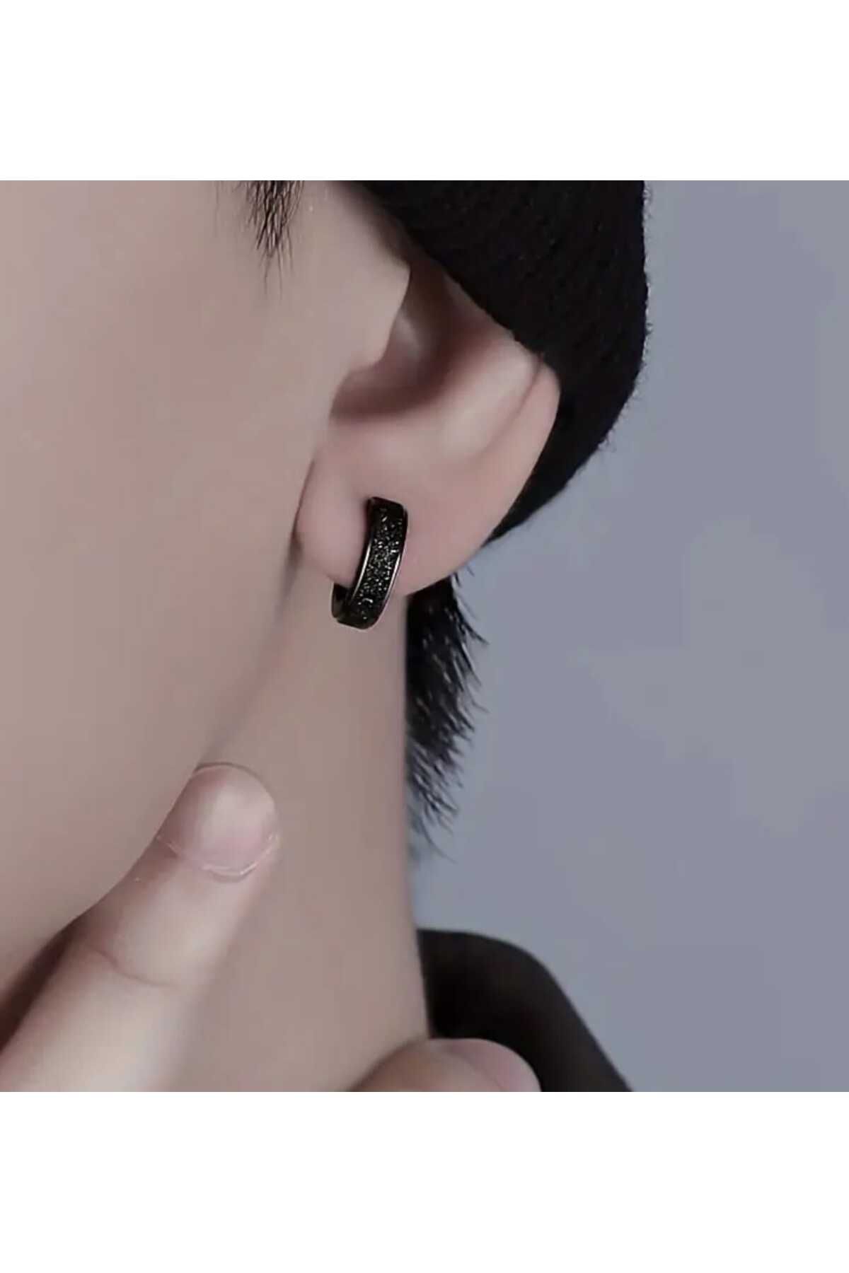 sarıyer silver-Plain Black Silvery Striped Steel Hoop Earrings 3