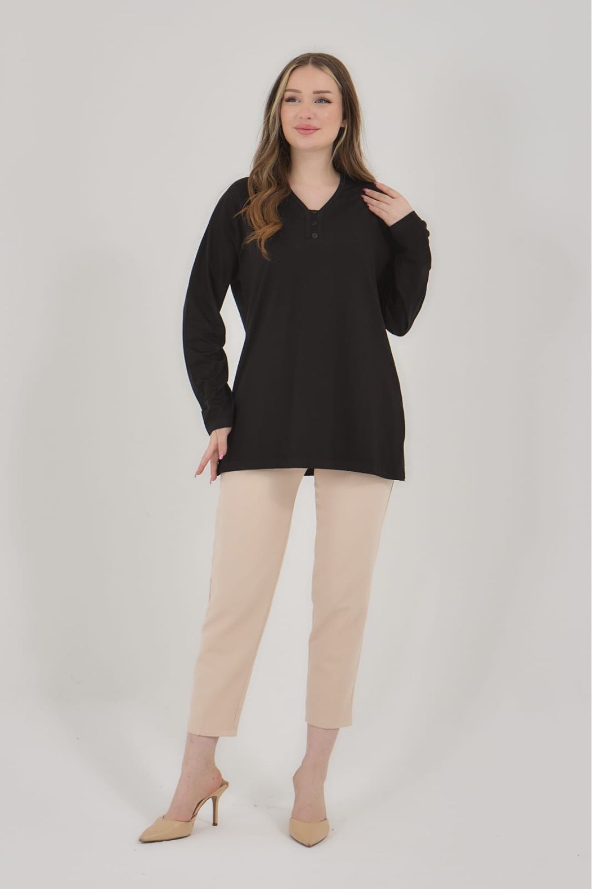 Elçelya Moda-Γυναικεία μπλούζα με λαιμόκοψη V Lycra Daily Seasonal Mother χτενισμένη βαμβακερή μπλούζα 5