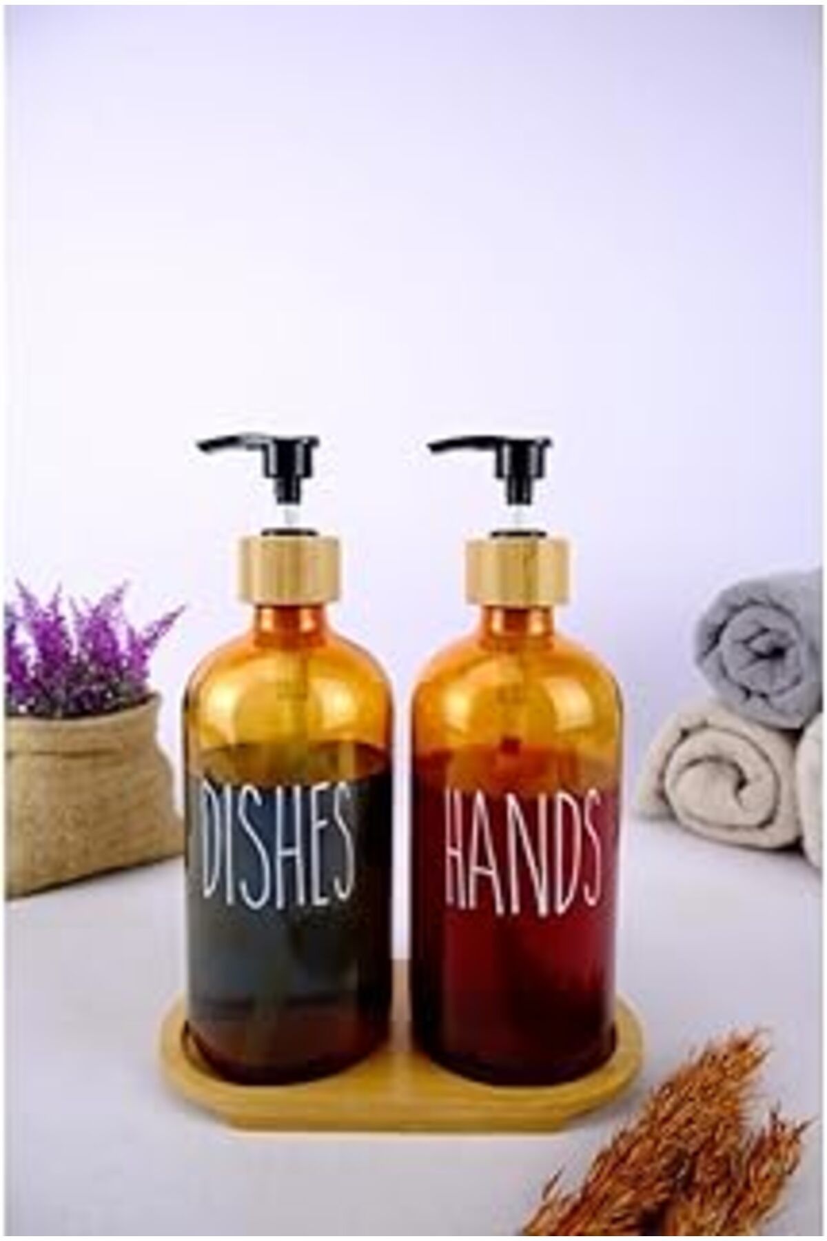 karadağsb Digithome 2’Li Ahşap Standlı Cam Sıvı Sabun Ve Bulaşık Deterjanı Şişesi Sabunluk Amber 500 Ml - D/1