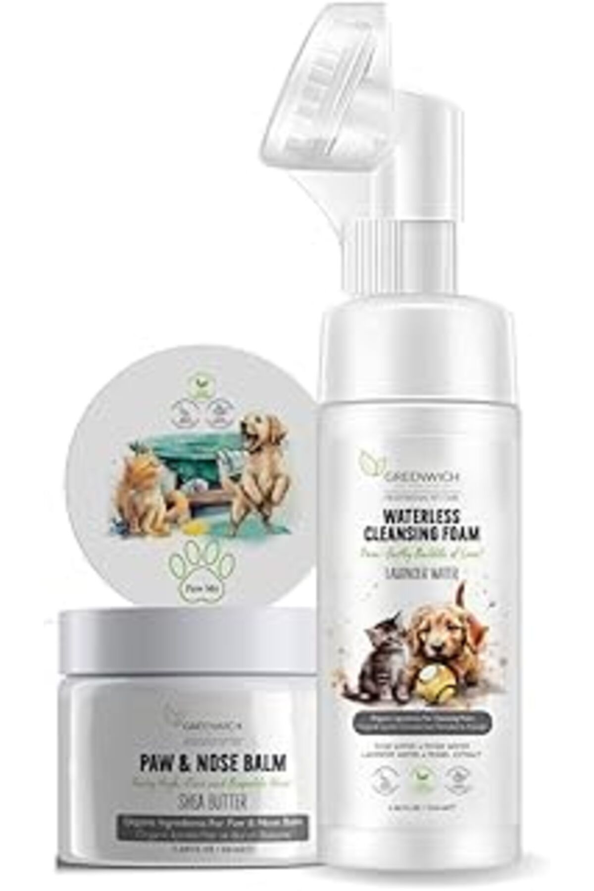 Mu Art Ahşap Hızlı Temizlik Bakım Seti, Köpek Durulamasız Köpük, Kuru Şampuan, Pati Burun Nemlendirici Balm